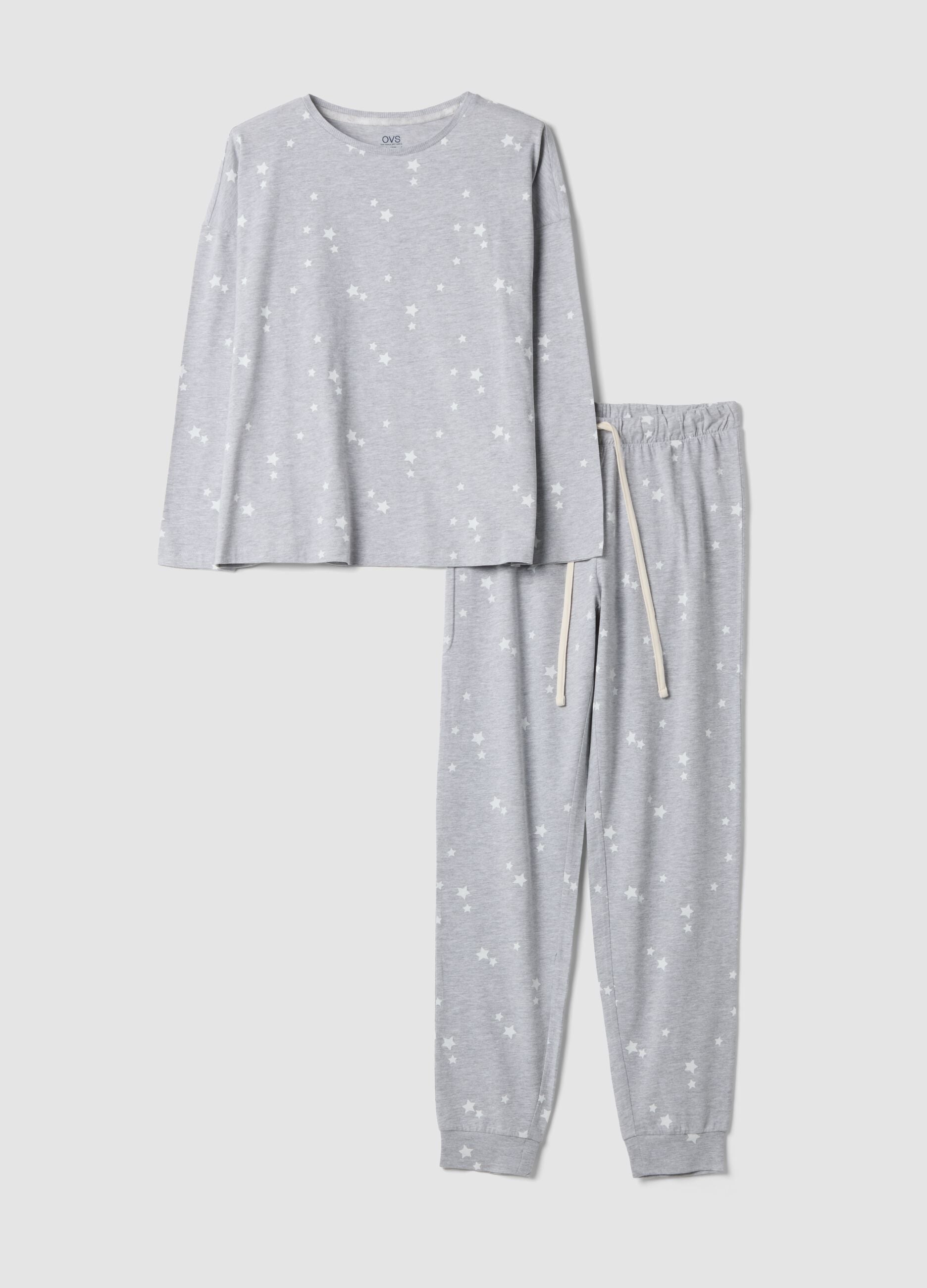 Grey crew-neck pyjamas in organic cotton and viscose blend