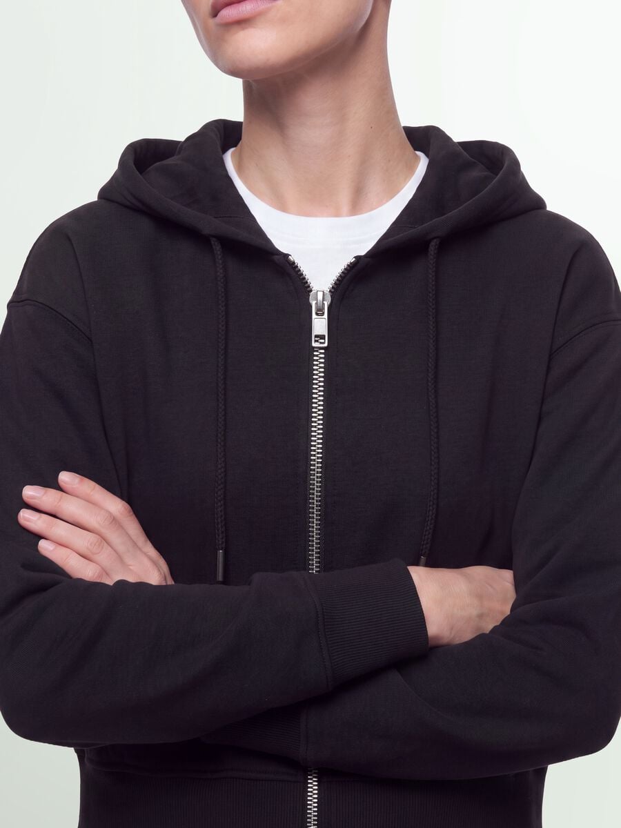 Felpa full zip nera in misto cotone con cappuccio fitted_2