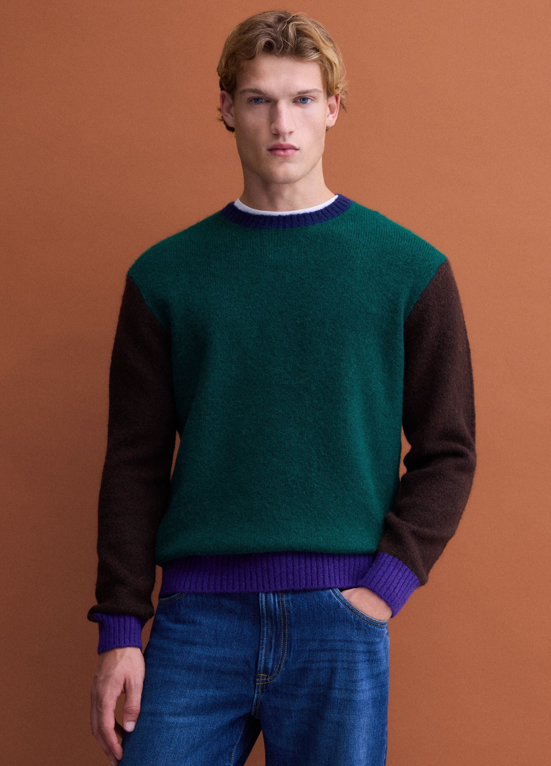 Green crew-neck jumper in stretch wool and alpaca, regular fit