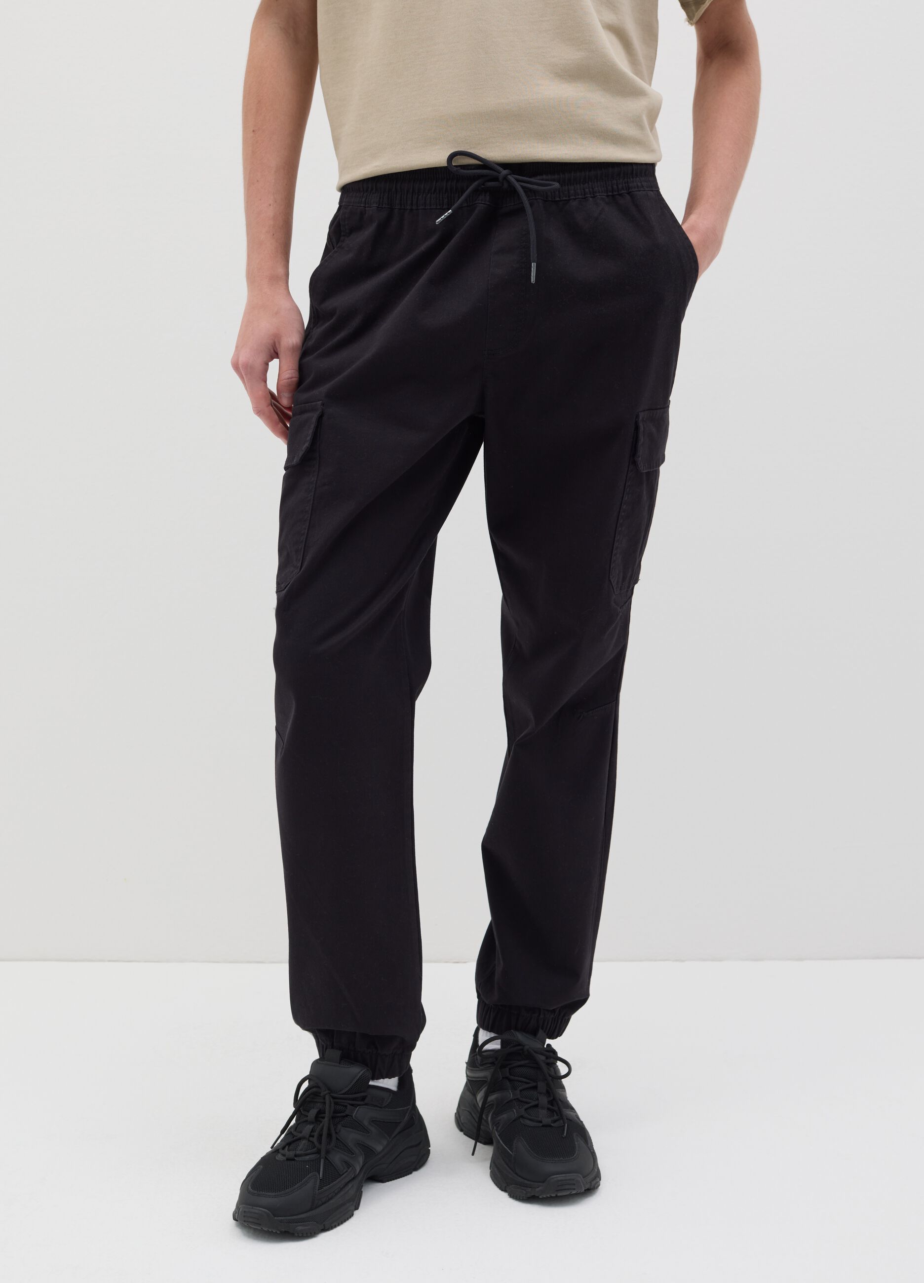 Black cargo joggers with drawstring
