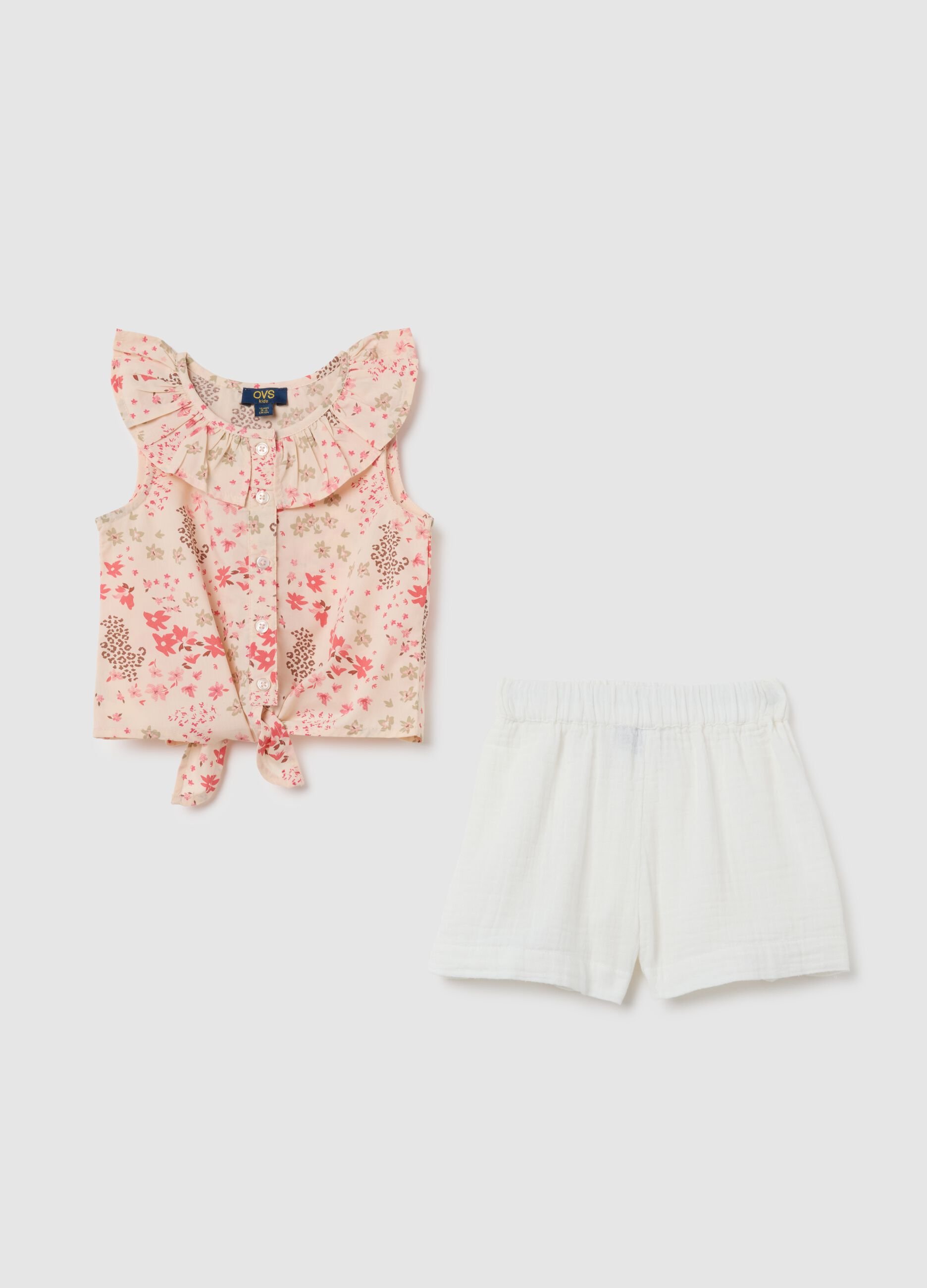 Completo da bambina in misto cotone con pantaloncini multicolor