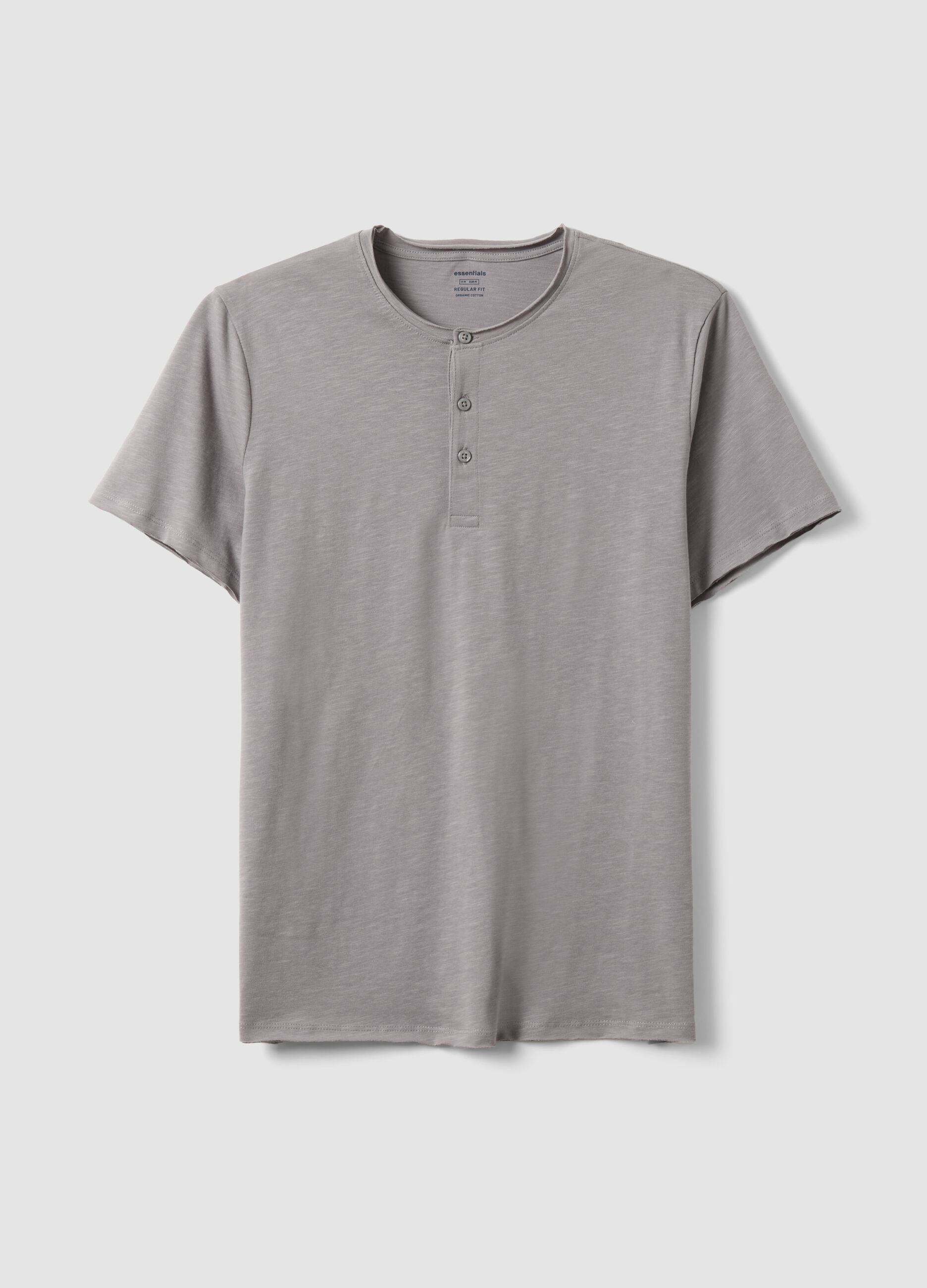 Grey pure cotton regular fit T-shirt with henley collar