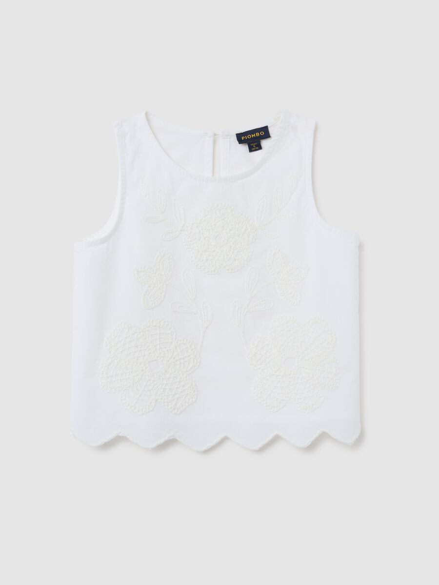 Girls' pure white cotton top with regular fit and embroidery_0