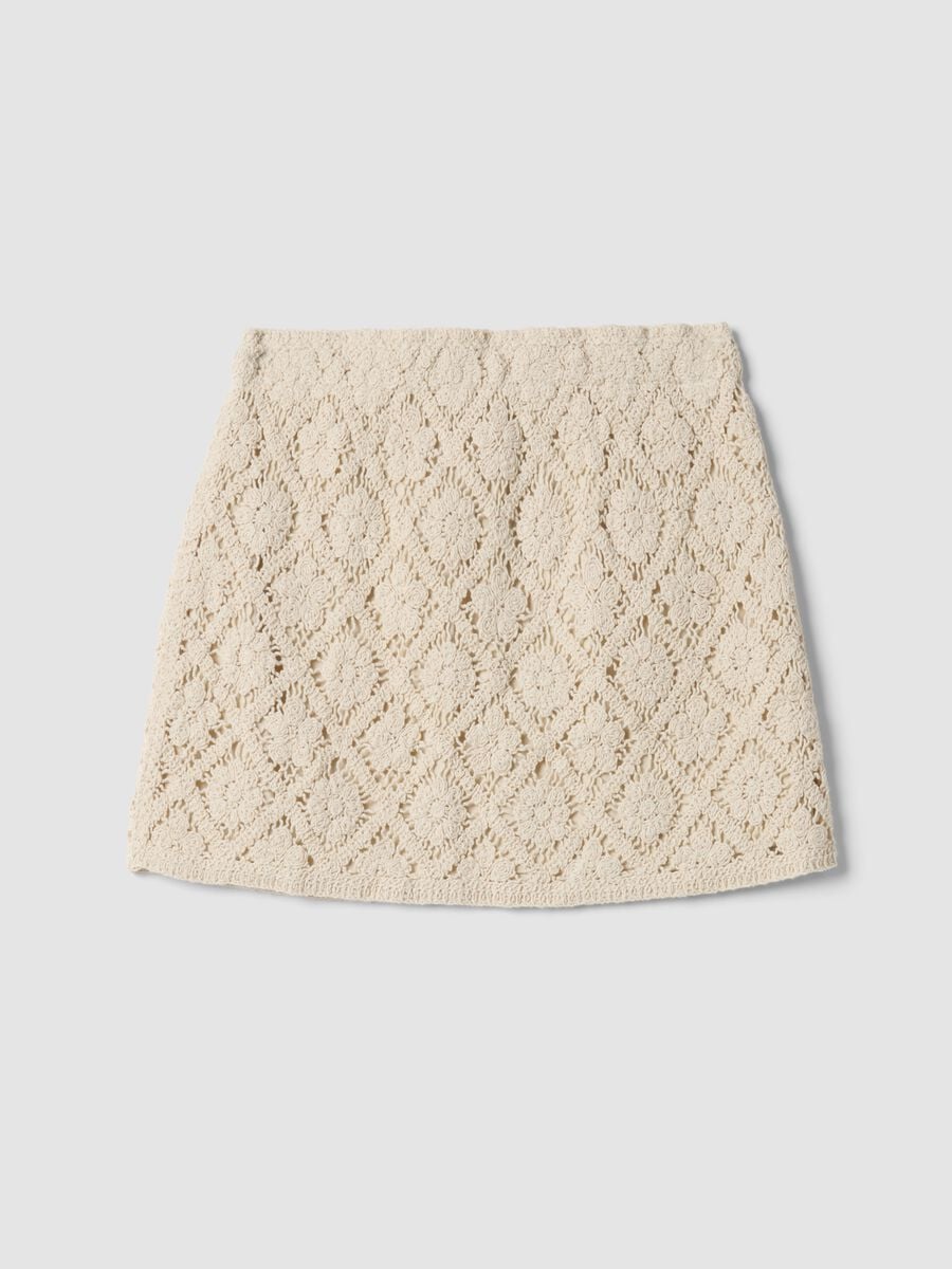 Gonna mini in misto cotone beige con pizzo floreale_4