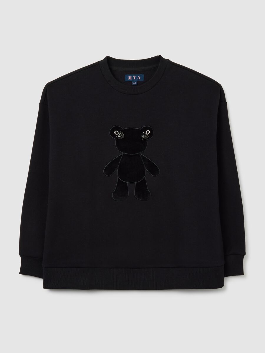 Black cotton blend regular fit sweatshirt with embroidered teddy bear_4