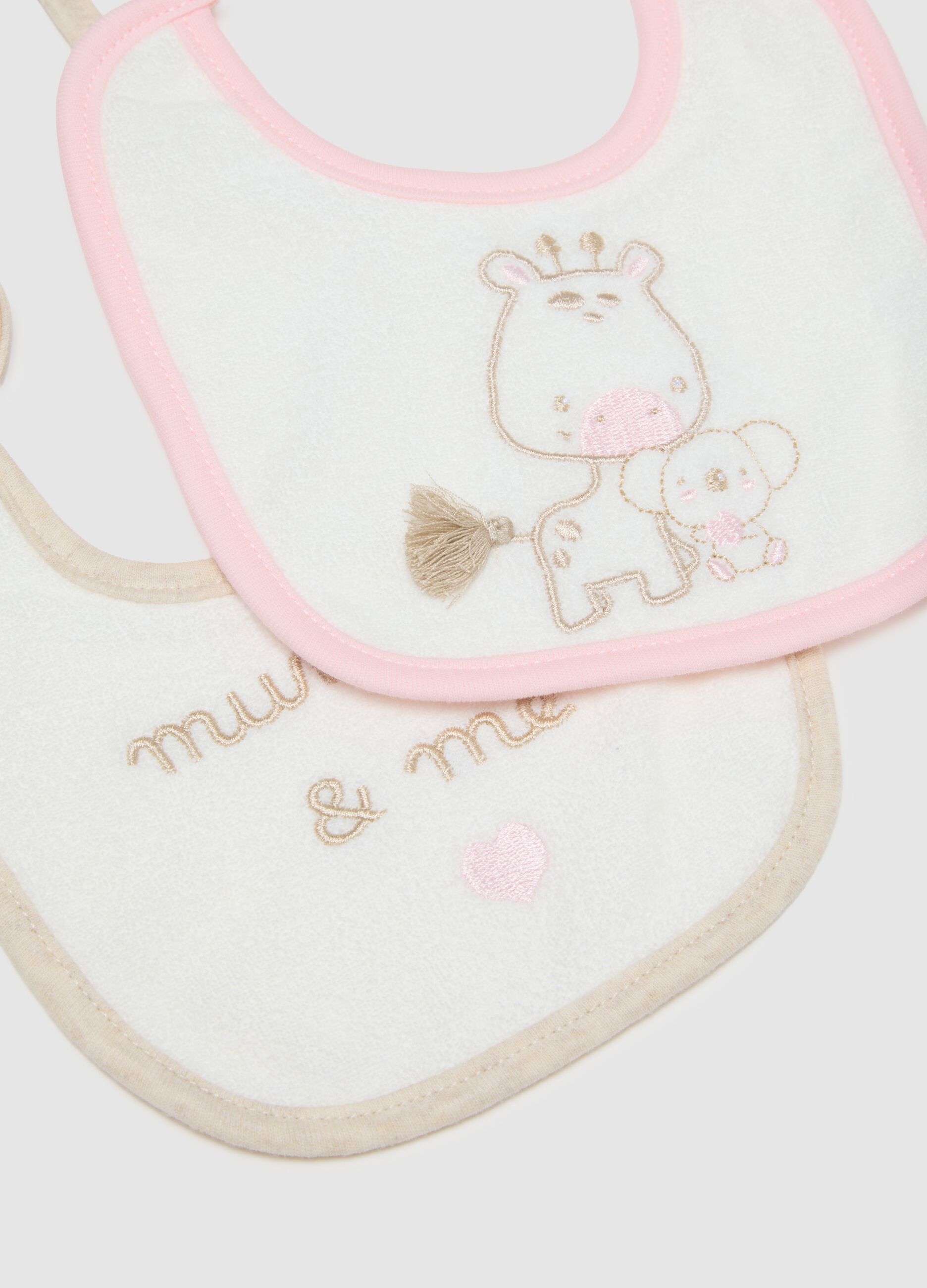 Set of two baby bibs in pure multicolour cotton with embroidery