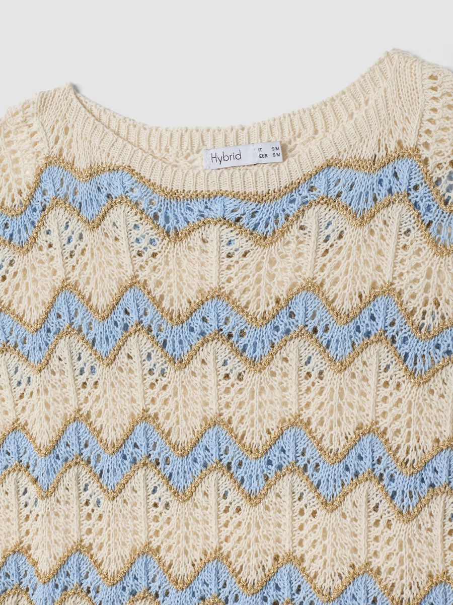 Beige stretch cotton T-shirt with openwork detailing_5