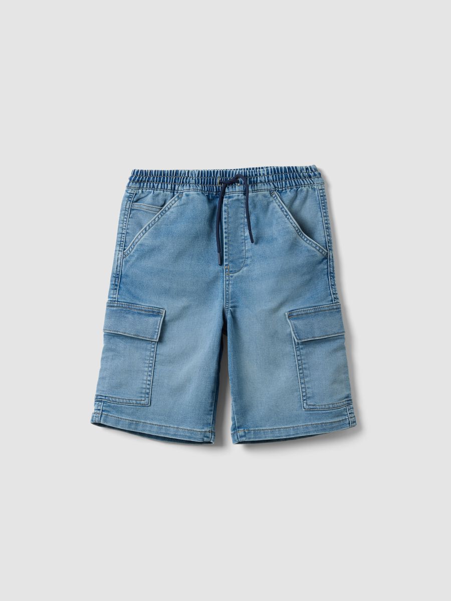 Light blue cargo shorts in stretch cotton denim_0