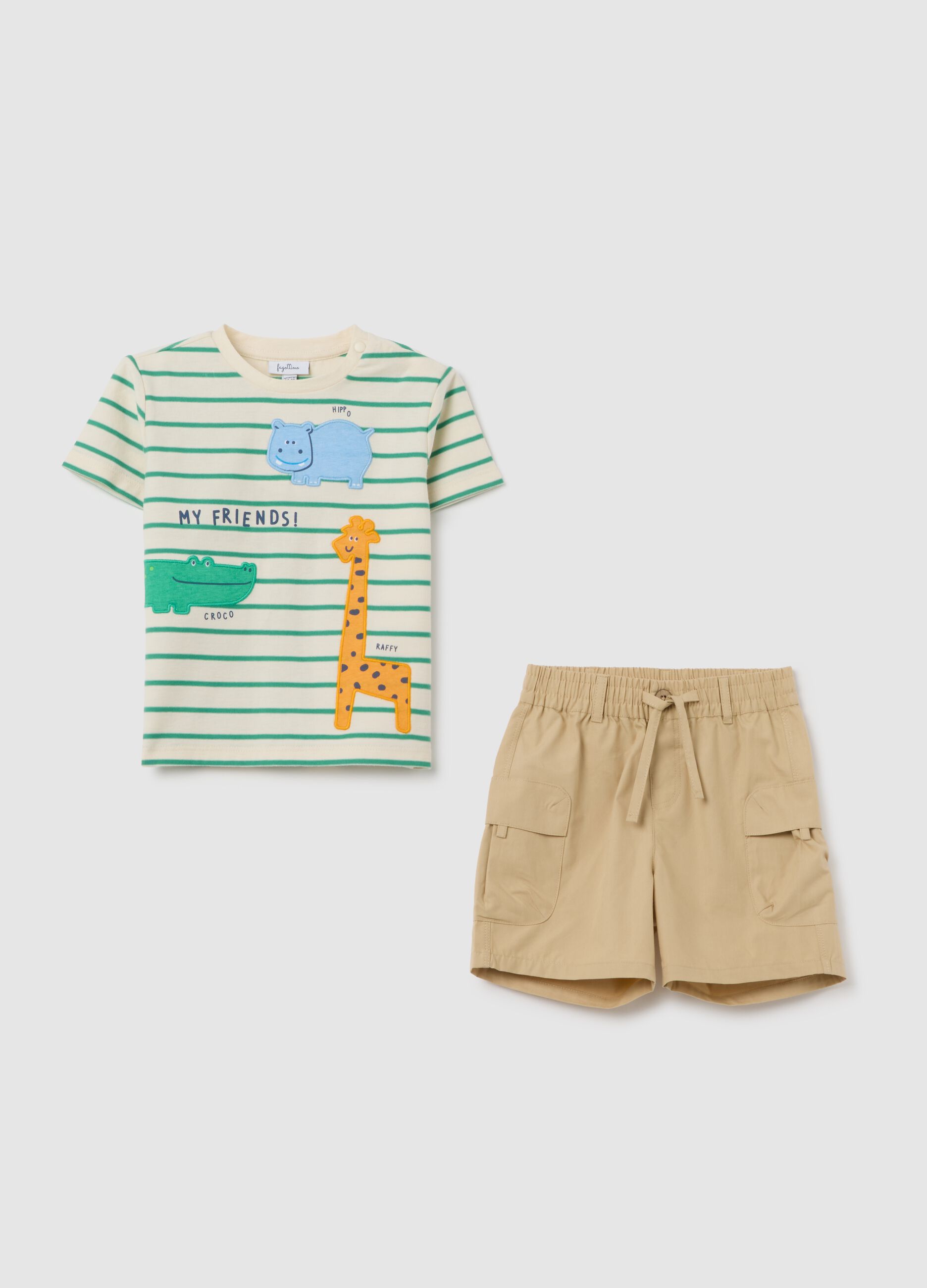 Multicolour regular fit pure cotton children's t-shirt and shorts set with animal appliques