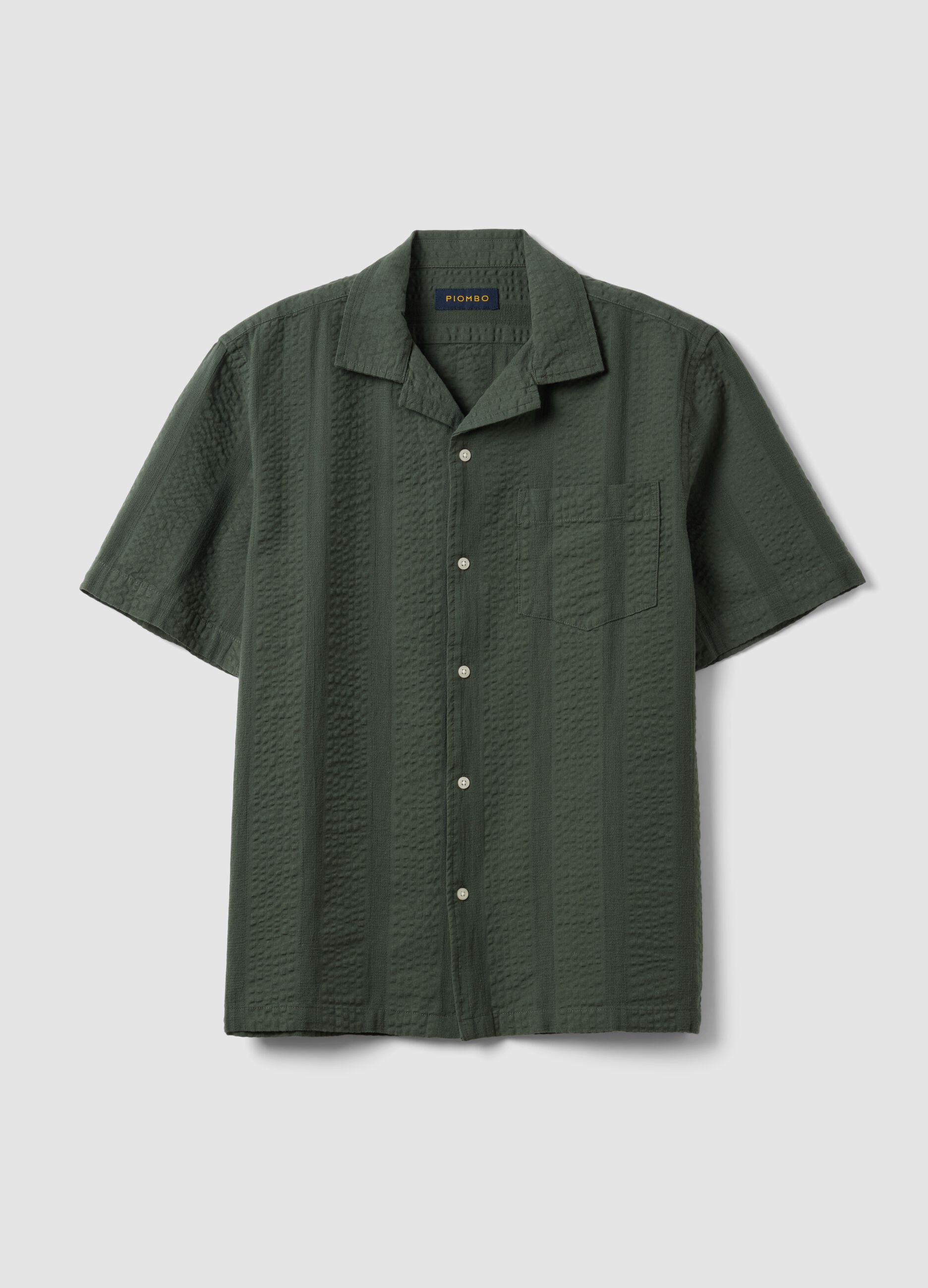 Green short-sleeve pure organic cotton shirt with bowling collar, regular fit