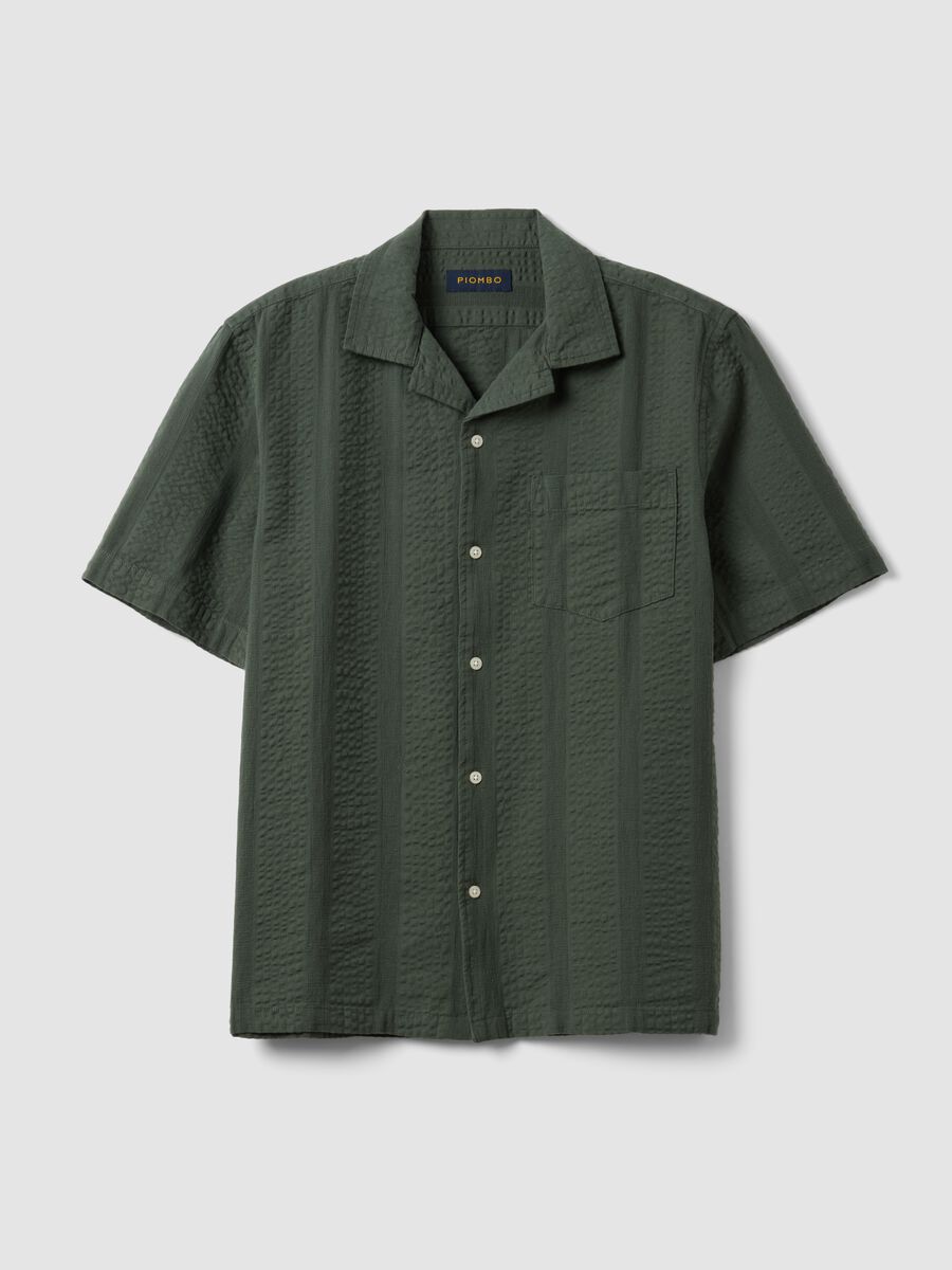 Camicia verde a maniche corte in puro cotone organico con collo bowling regular fit_0