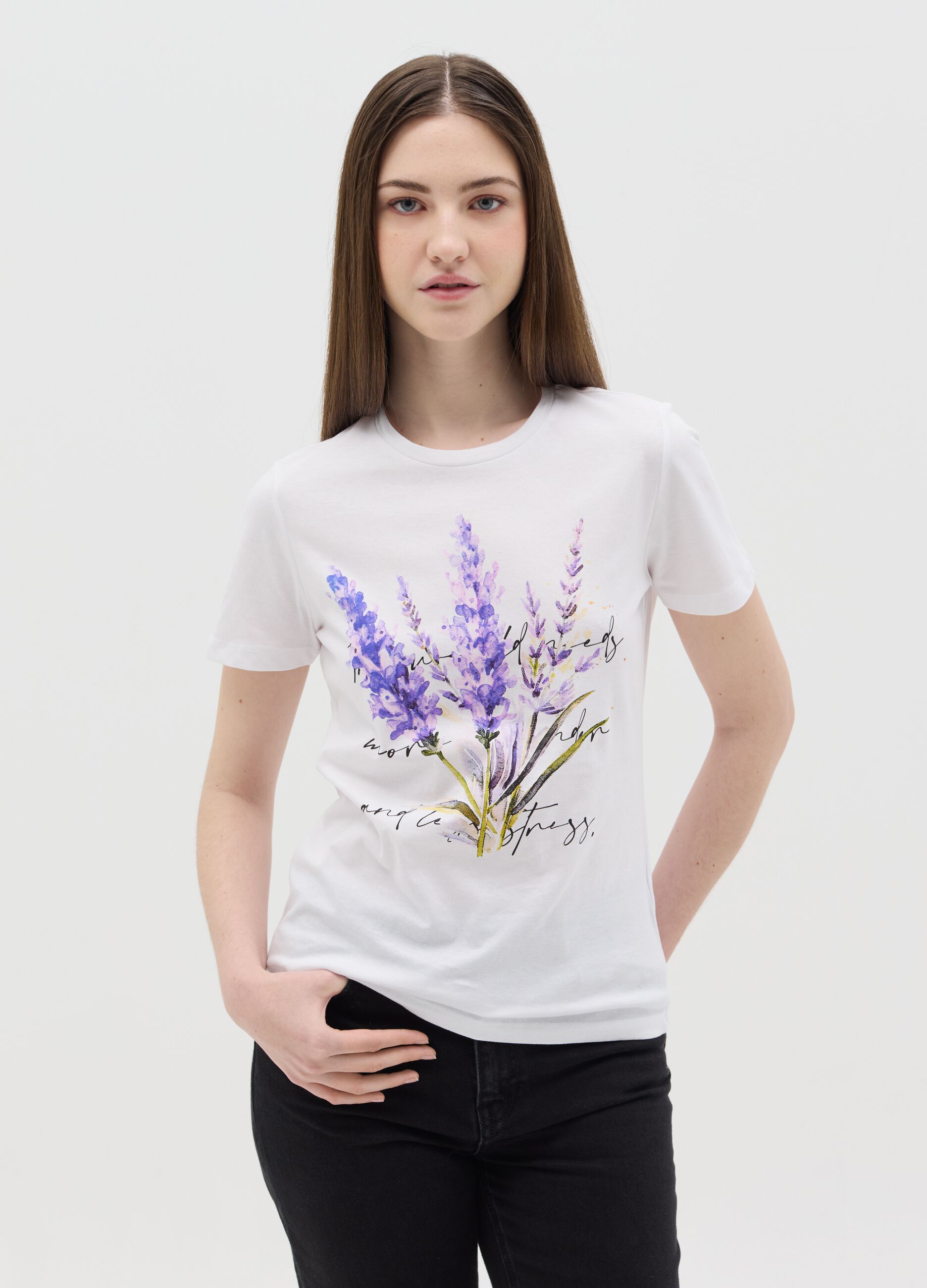 White cotton T-shirt with flower print