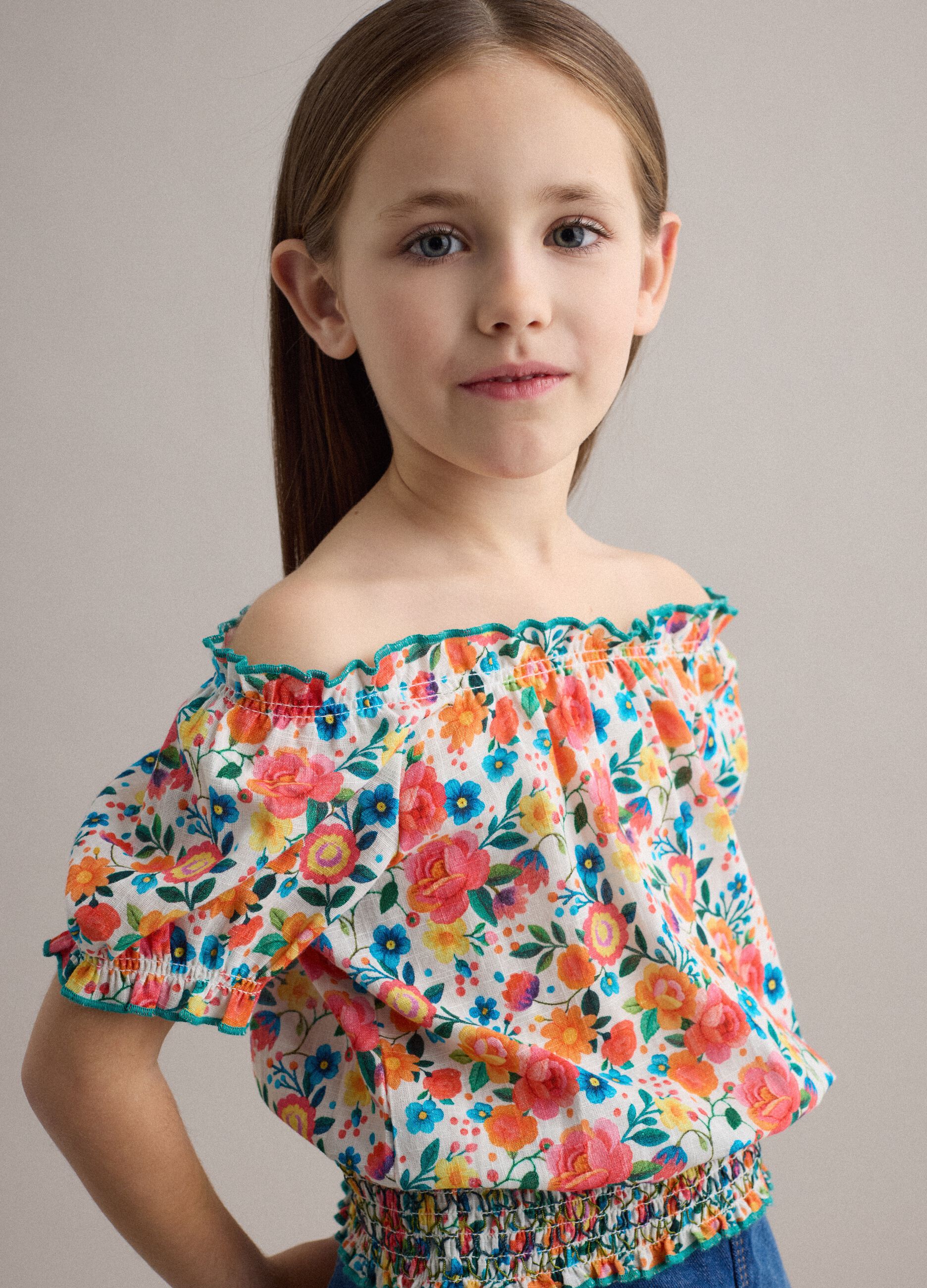 Girls' regular fit multicolour floral pure cotton blouse