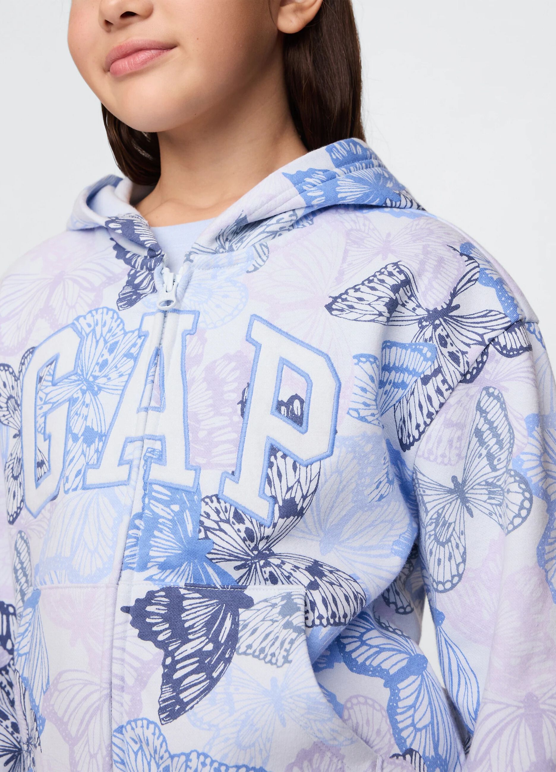 Light blue and purple full-zip sweatshirt with hood, butterflies print and logo embroidery