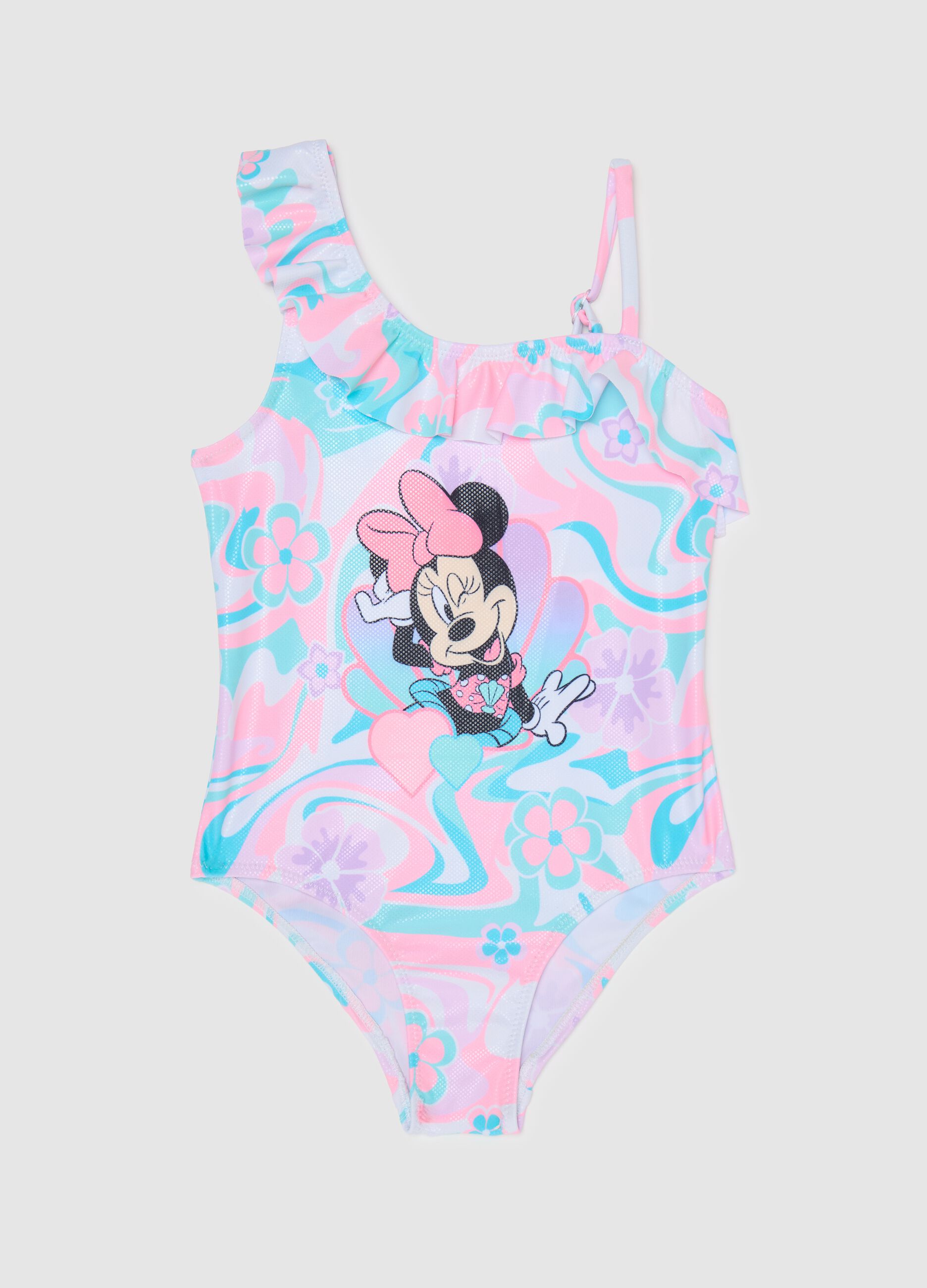 Girls’ one-piece swimsuit in multicoloured stretch fabric with Minnie Mouse print