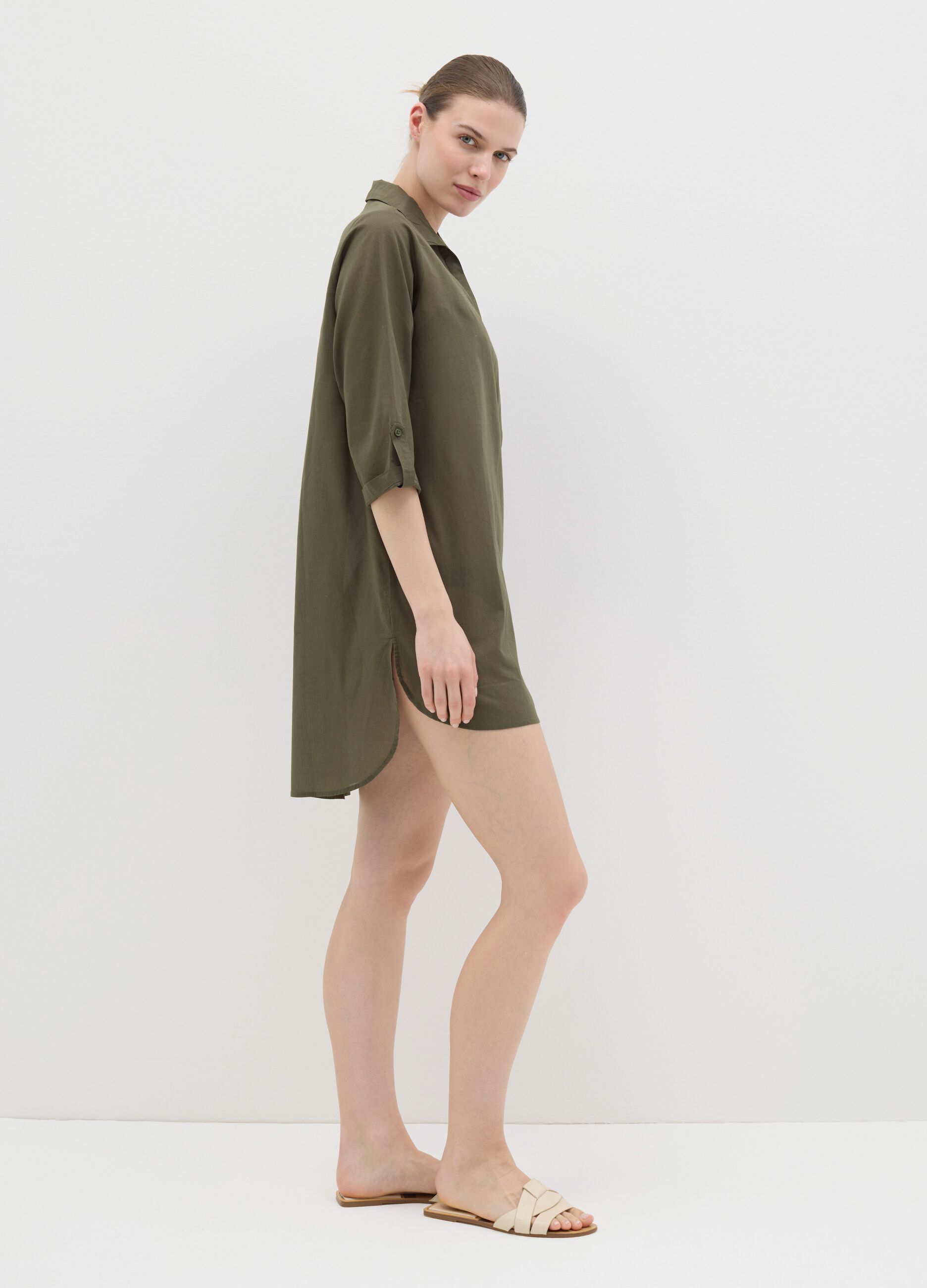 Green beach cover-up shirt dress in cotton
