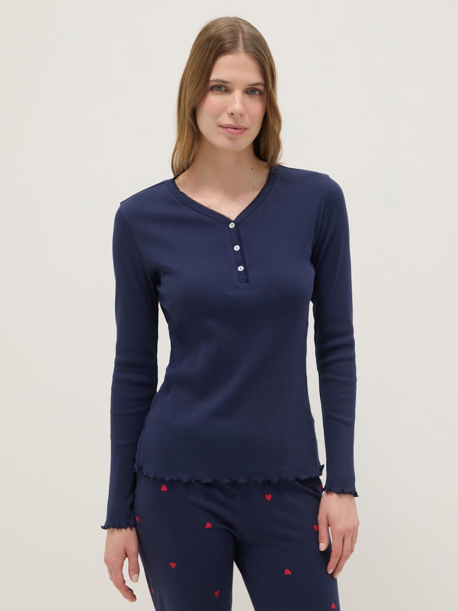 Maglia a maniche lunghe in puro cotone blu regular fit con collo serafino_1