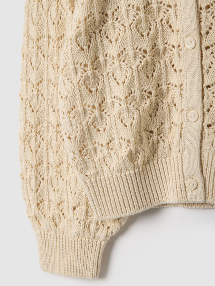 Girls' beige pure cotton regular fit cardigan with perforated design_3