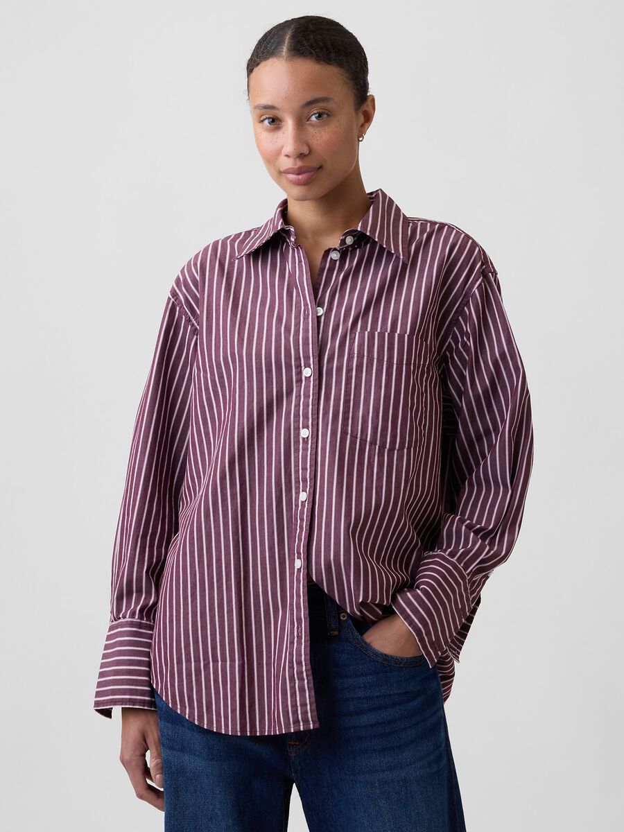 Burgundy red striped pure cotton shirt_0