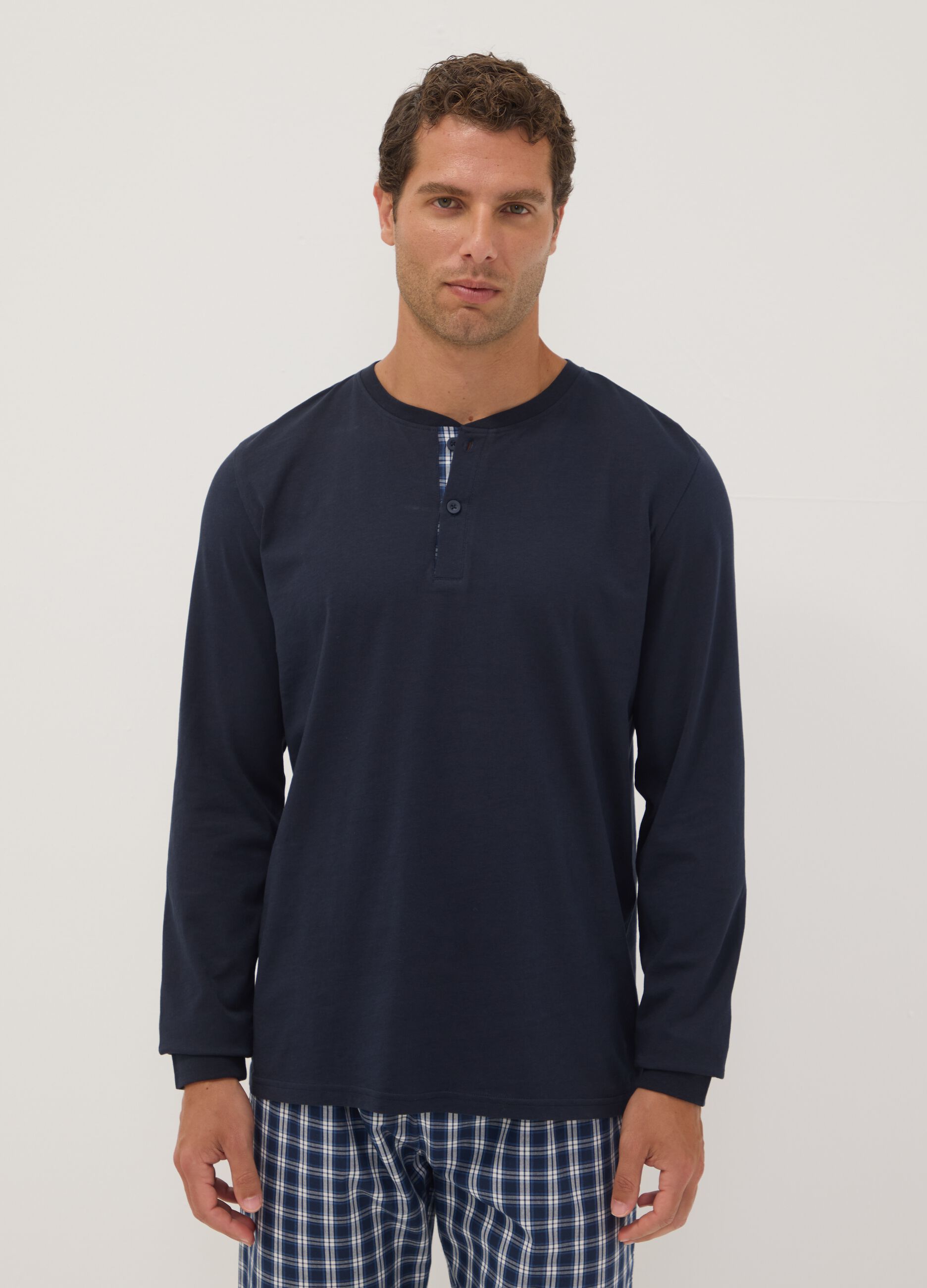 Navy organic cotton pyjamas with grandad collar, regular fit