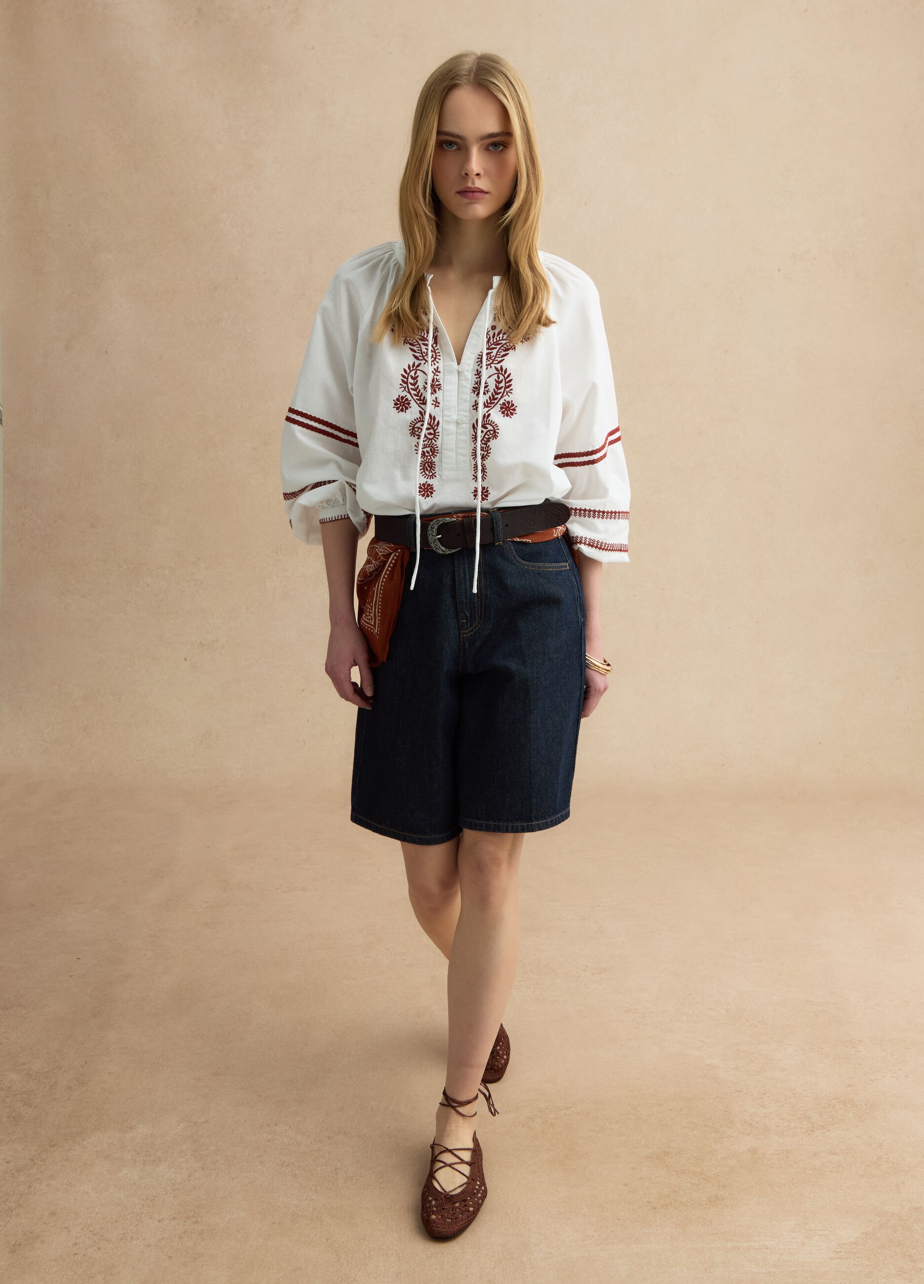 Wide leg blue denim pure cotton shorts