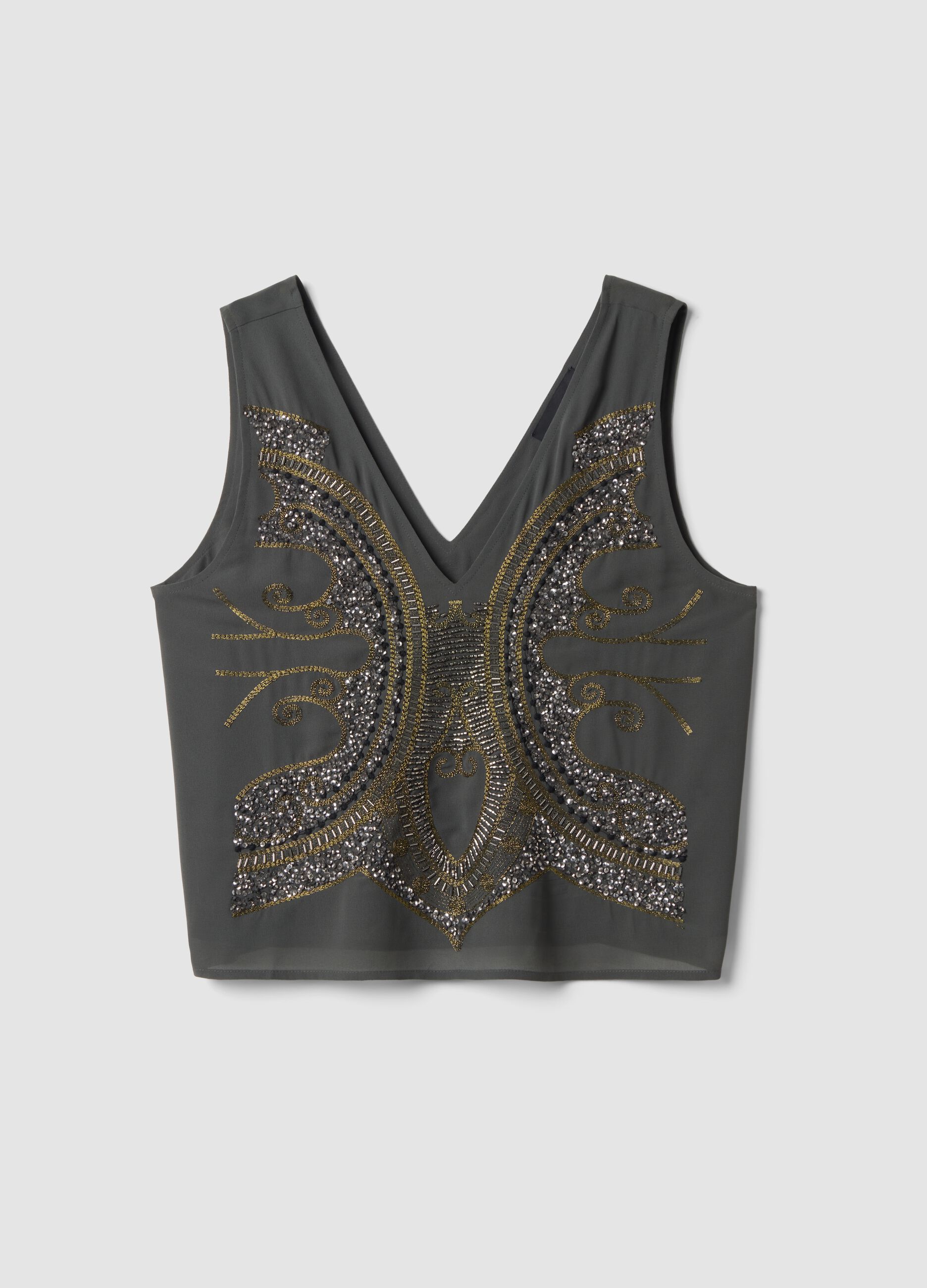 Grey embroidered V-neck top