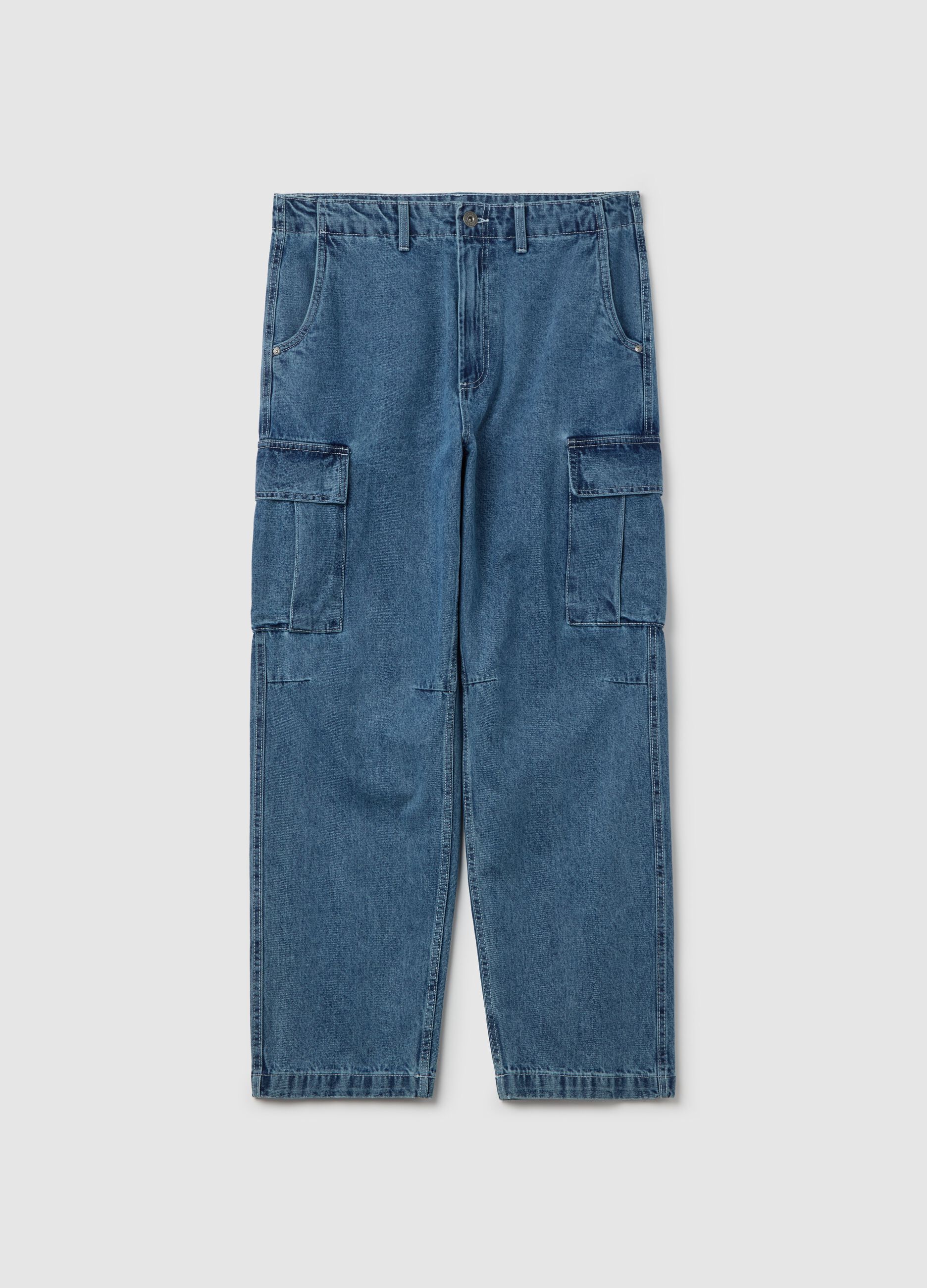 Acid wash cargo jeans