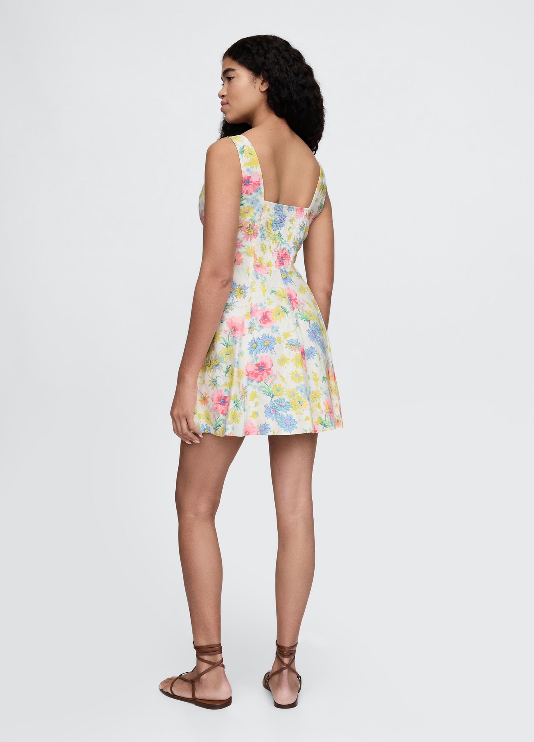 Vestito corto a fiori multicolor in lino e viscosa