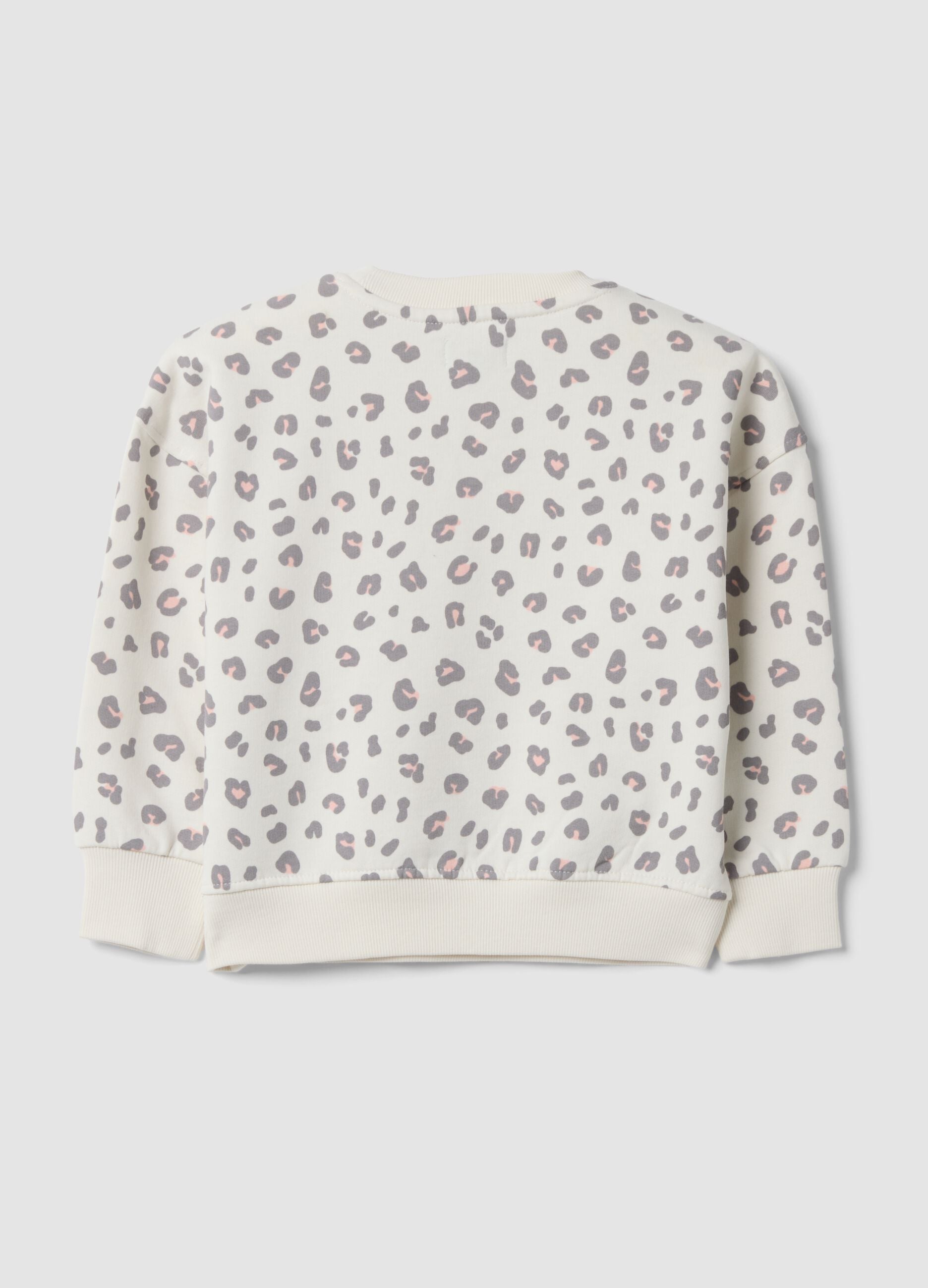 White crew-neck sweatshirt in pure cotton with animal print