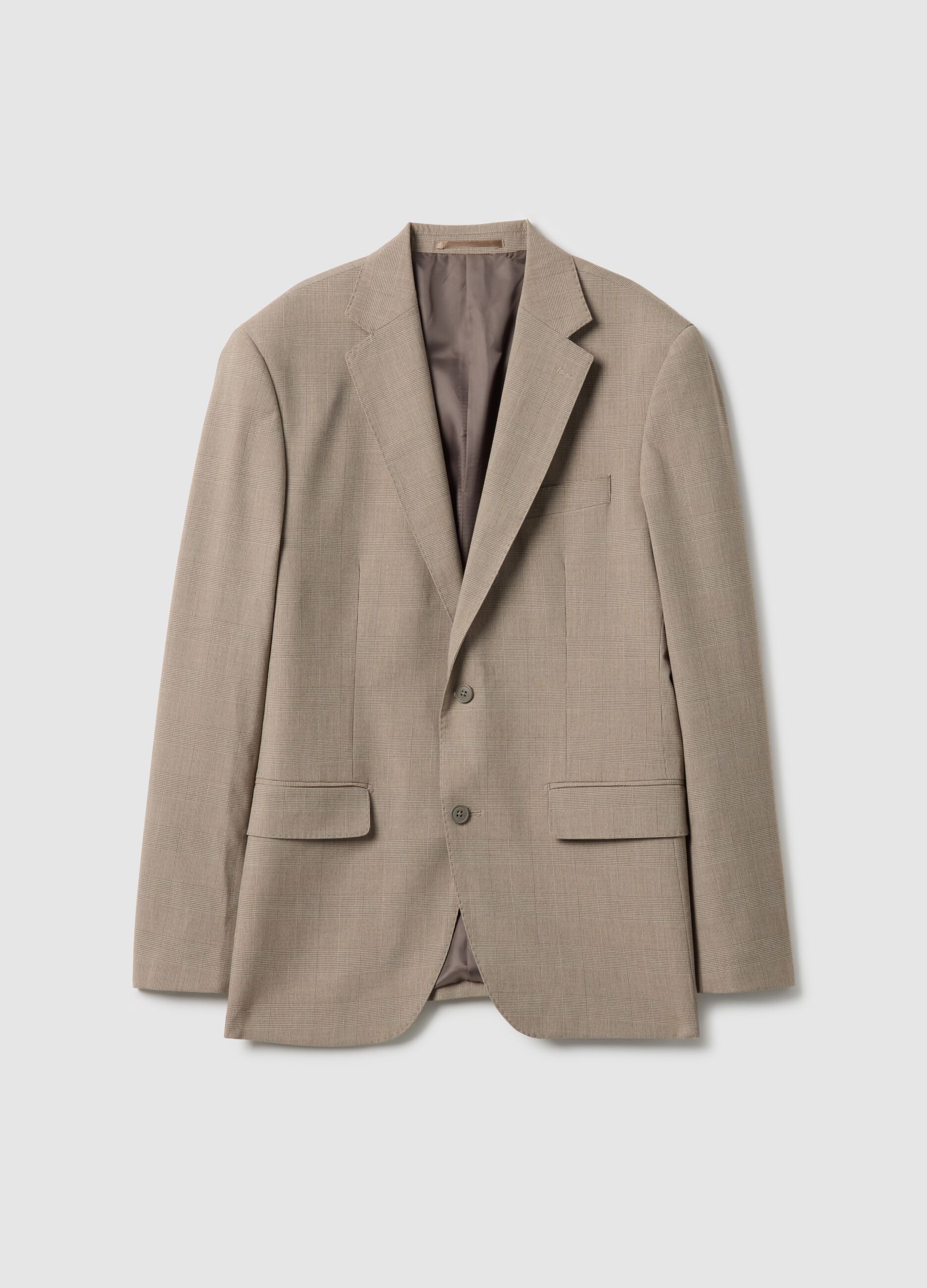 Slim fit beige check cotton blend jacket with lapel