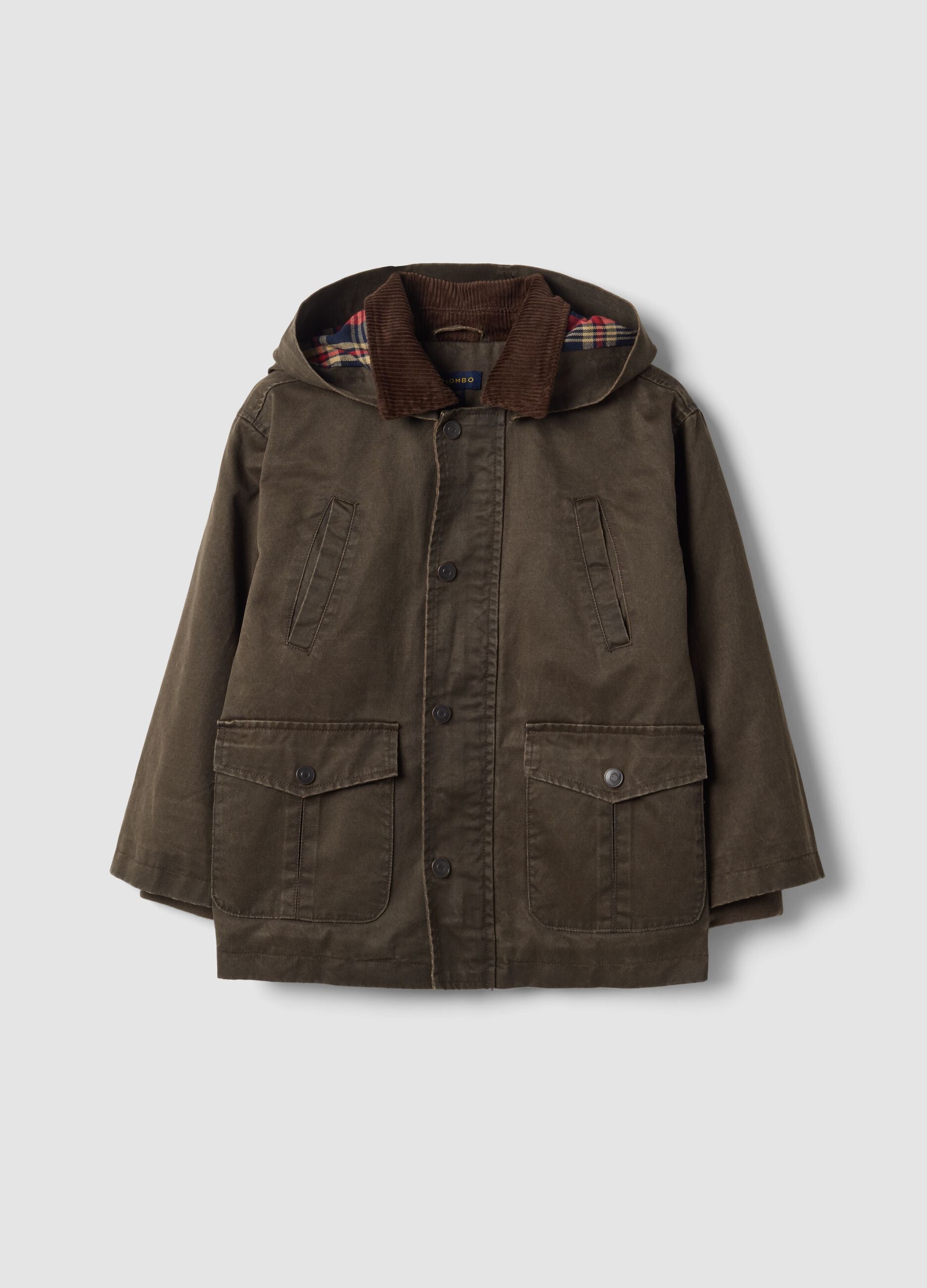 Green water-repellent padded cotton-blend jacket with hood