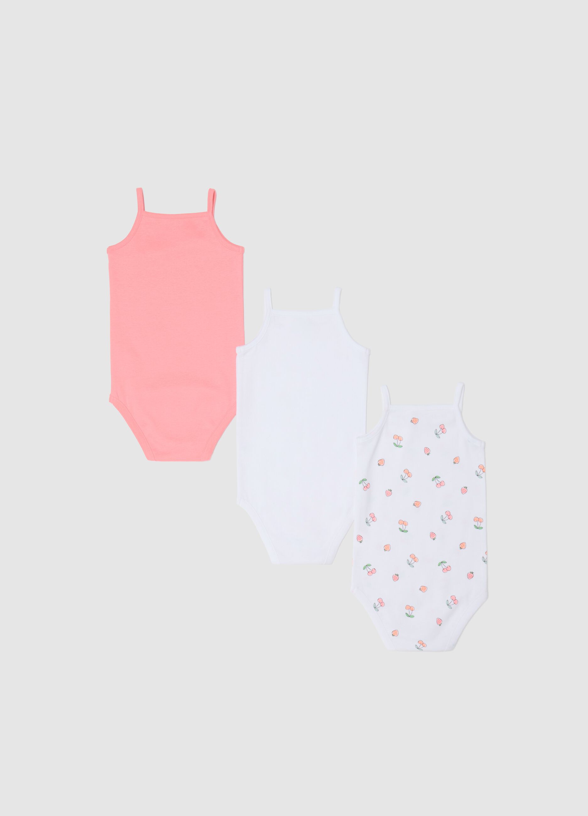 Three-pack sleeveless pink and white bodysuits in organic cotton with print