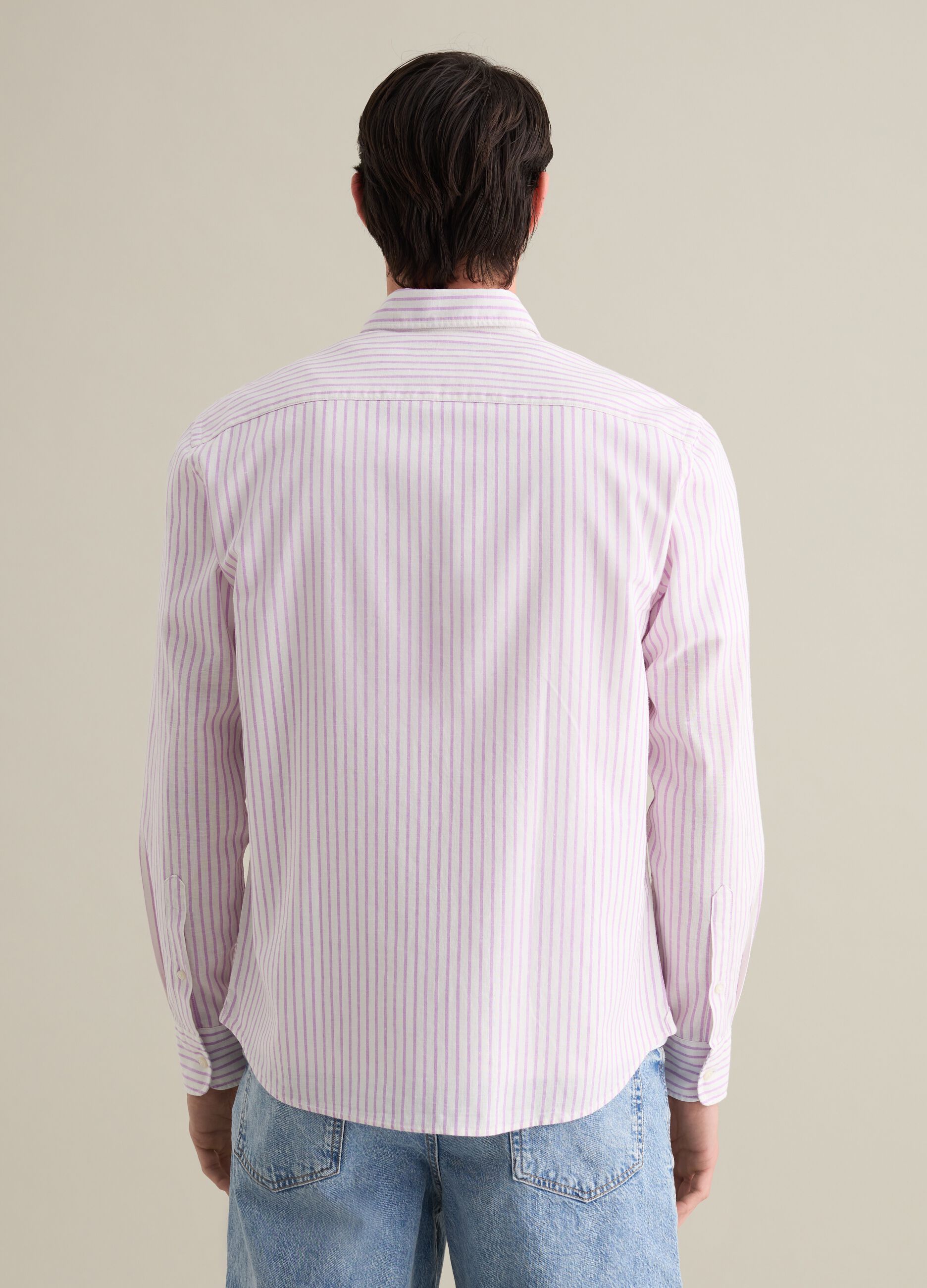 Men's pink and purple striped cotton and linen blend regular fit shirt