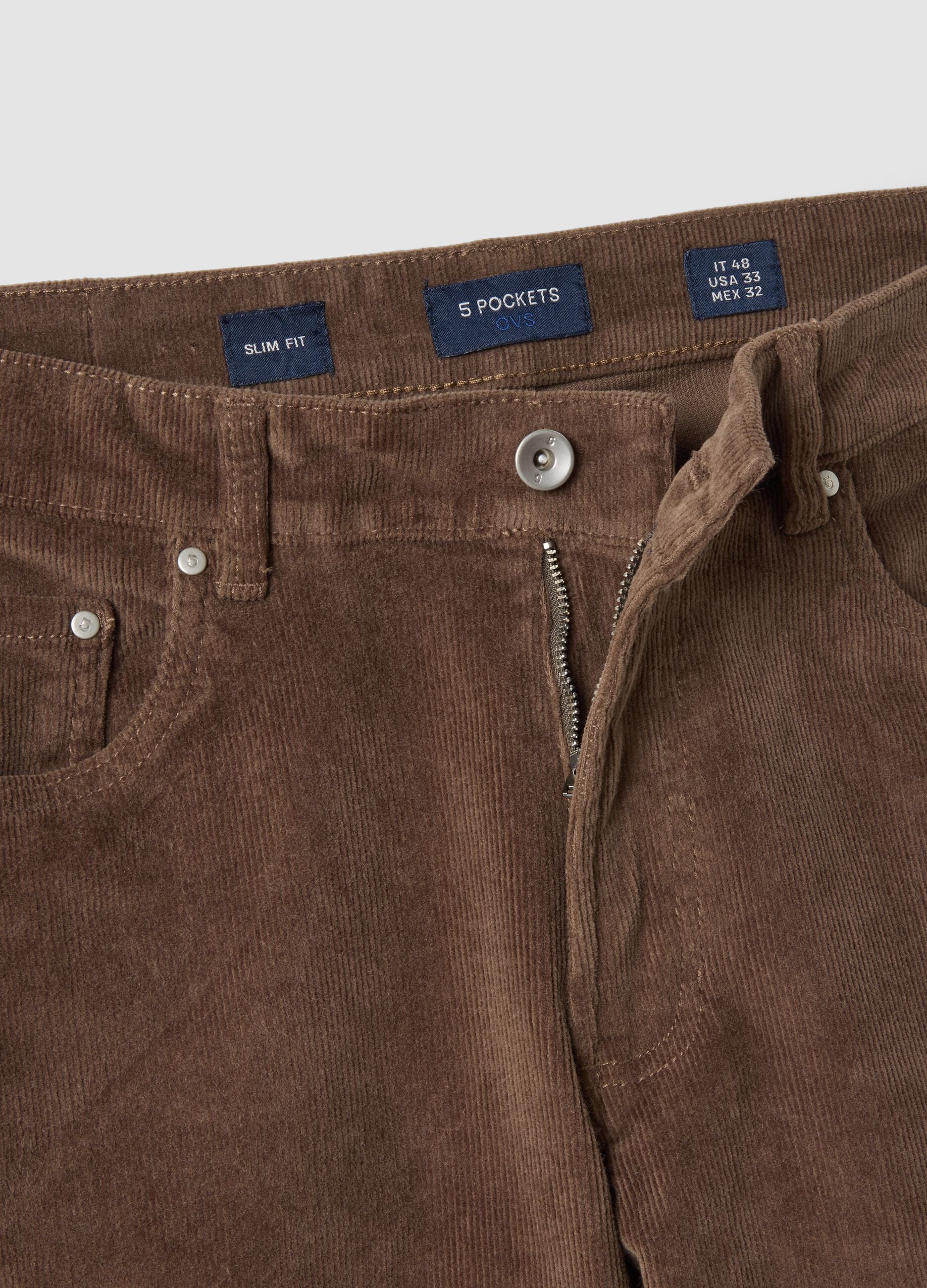 Pantaloni marroni in cotone elasticizzato a coste slim fit