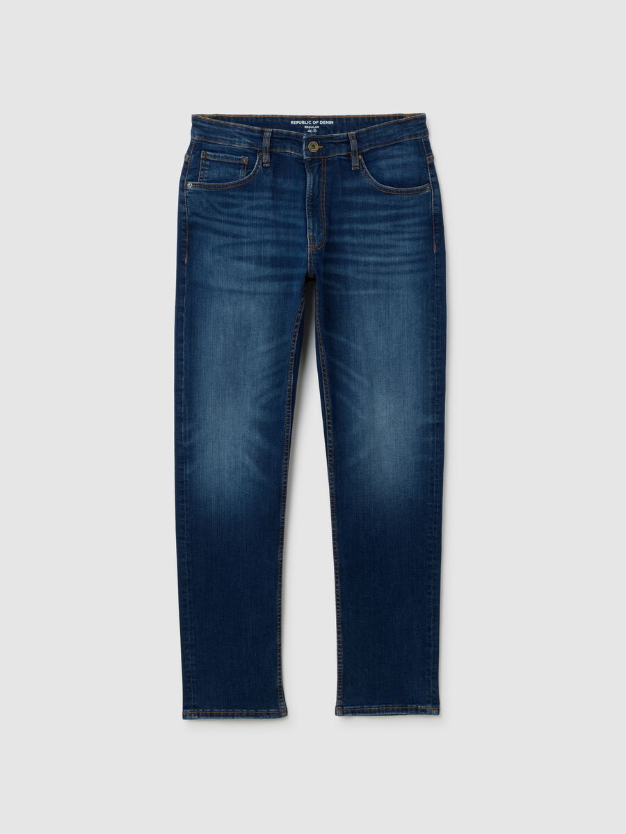 Regular fit blue stretch denim jeans_4