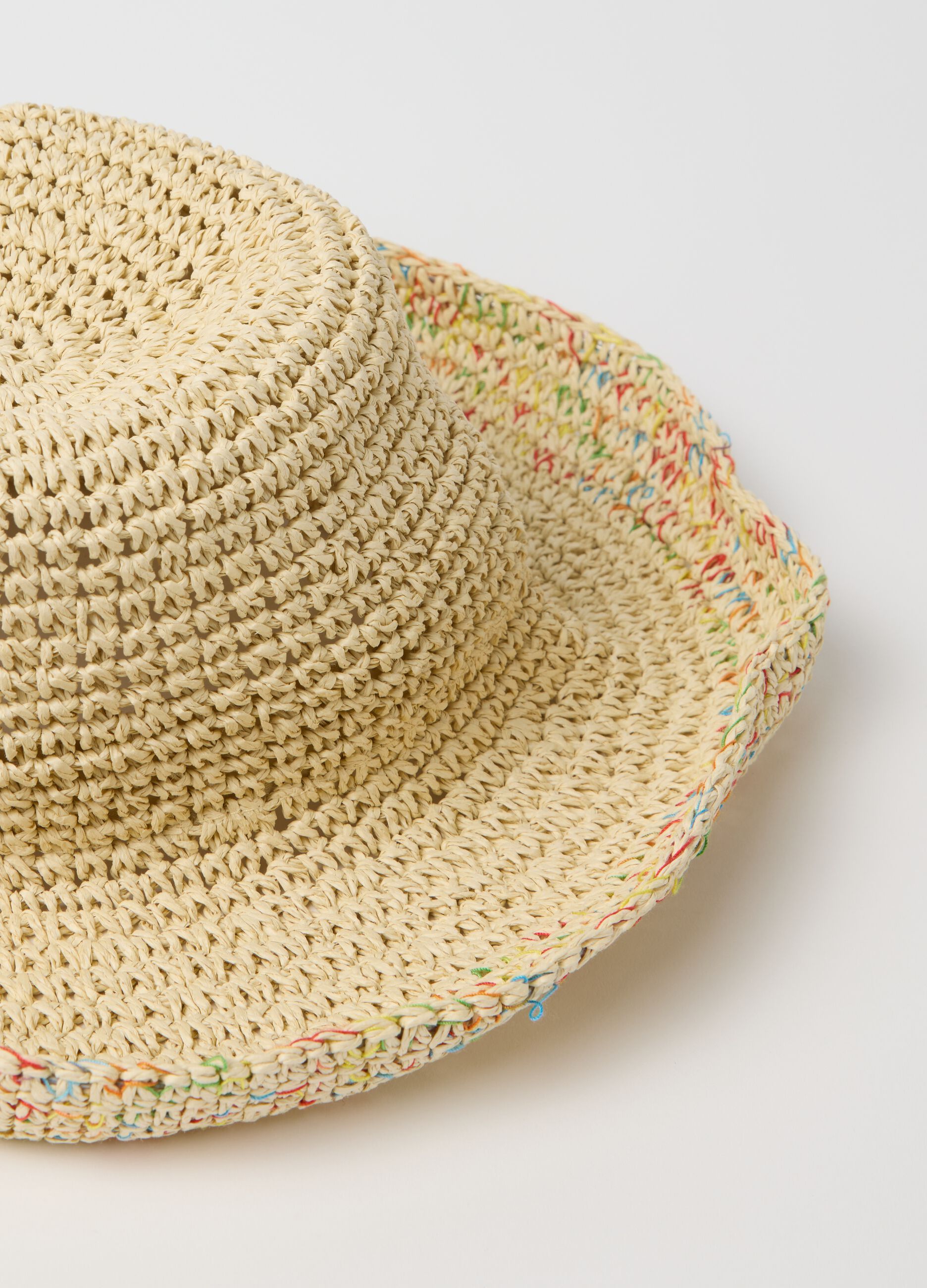 Cappello in rafia con inserti multicolore beige
