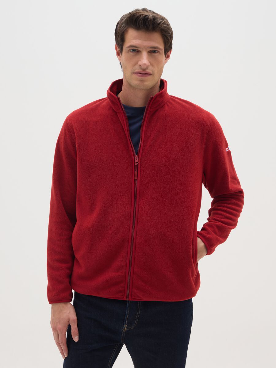 Red fleece regular fit sweatshirt with zipper_0