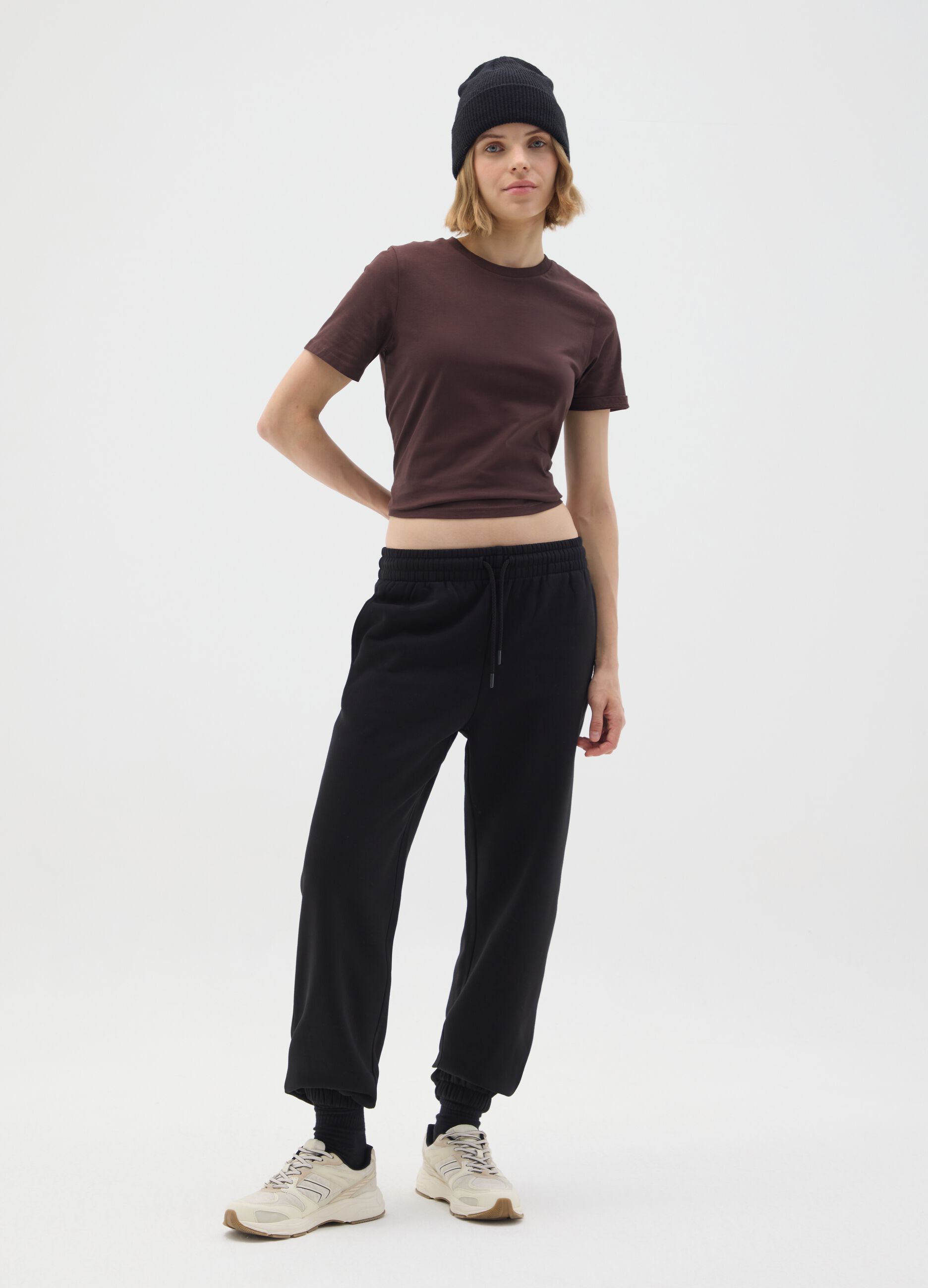 Black cotton blend regular fit trousers