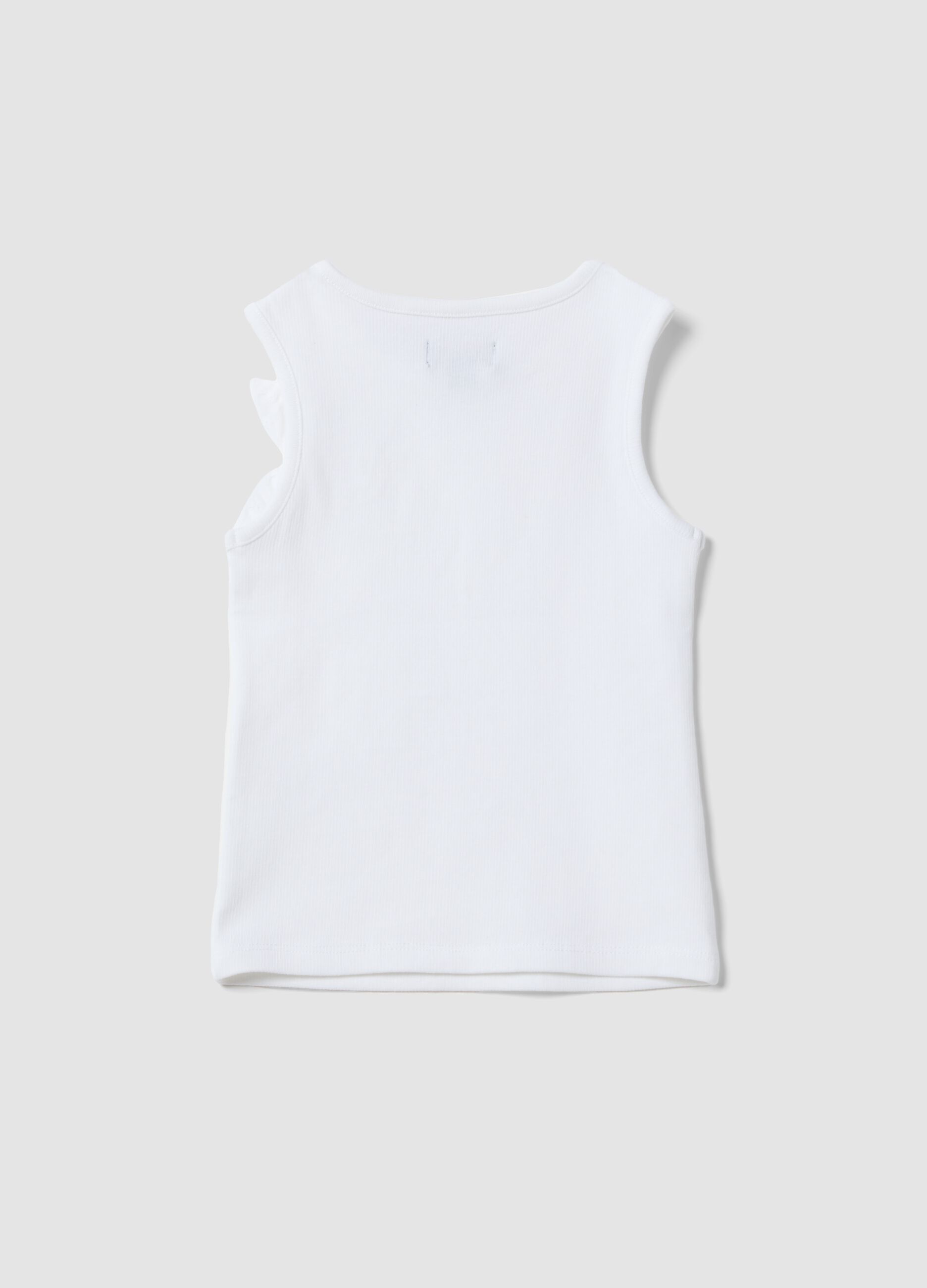 White stretch cotton ribbed tank top with appliqu&eacute; flower for girls, fitted