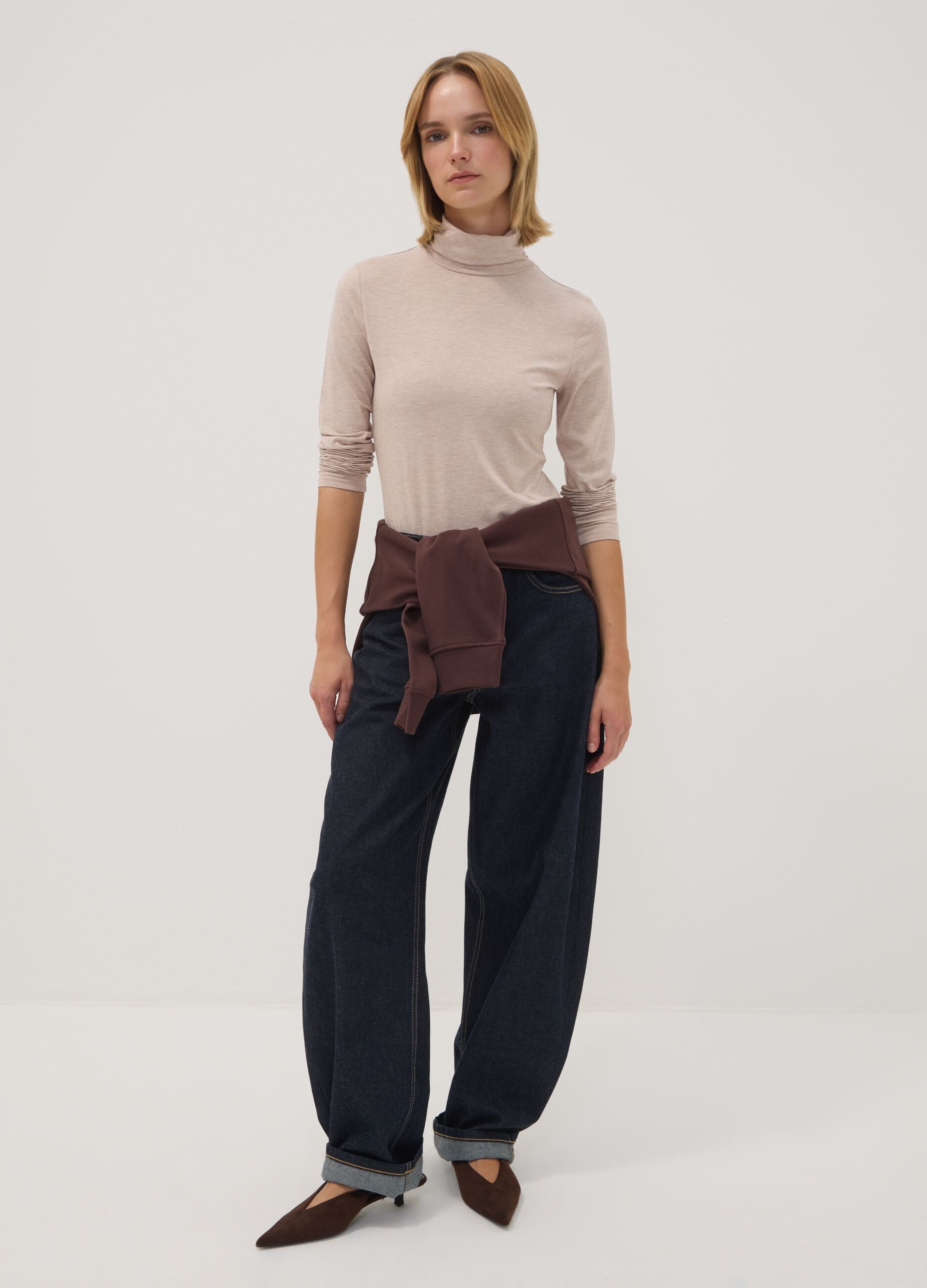 Beige stretch viscose top with mock neck, regular fit