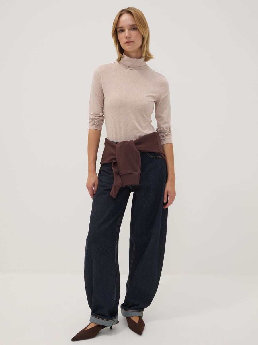 Beige stretch viscose top with mock neck, regular fit_2