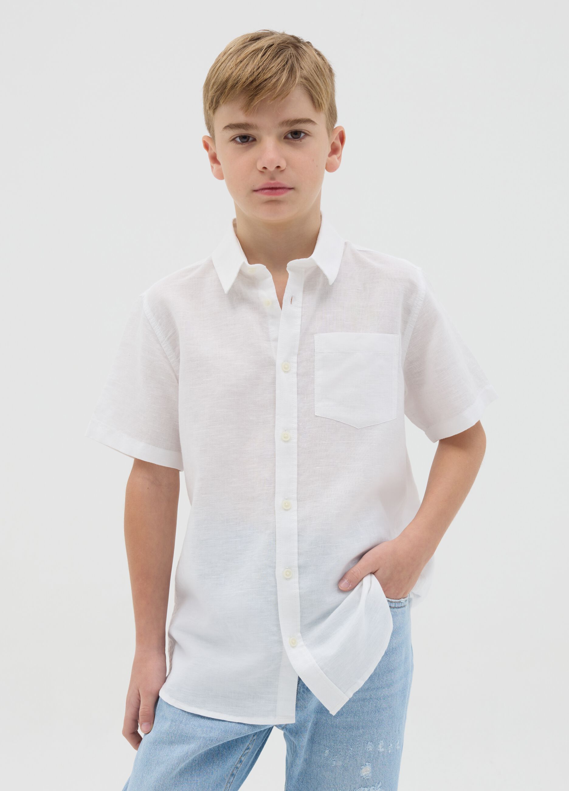 Camicia da ragazzo in lino e cotone bianca regular fit