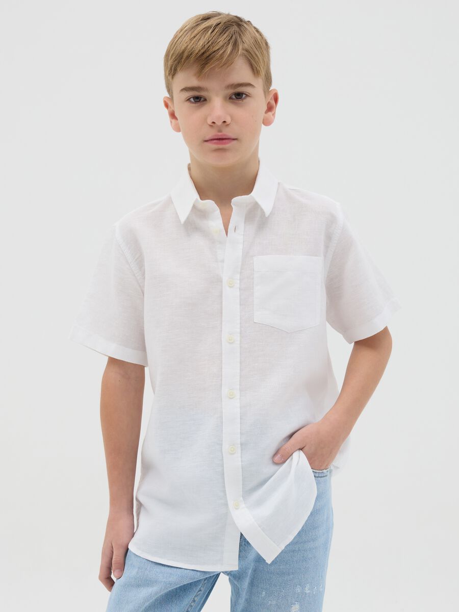 Camicia da ragazzo in lino e cotone bianca regular fit_0