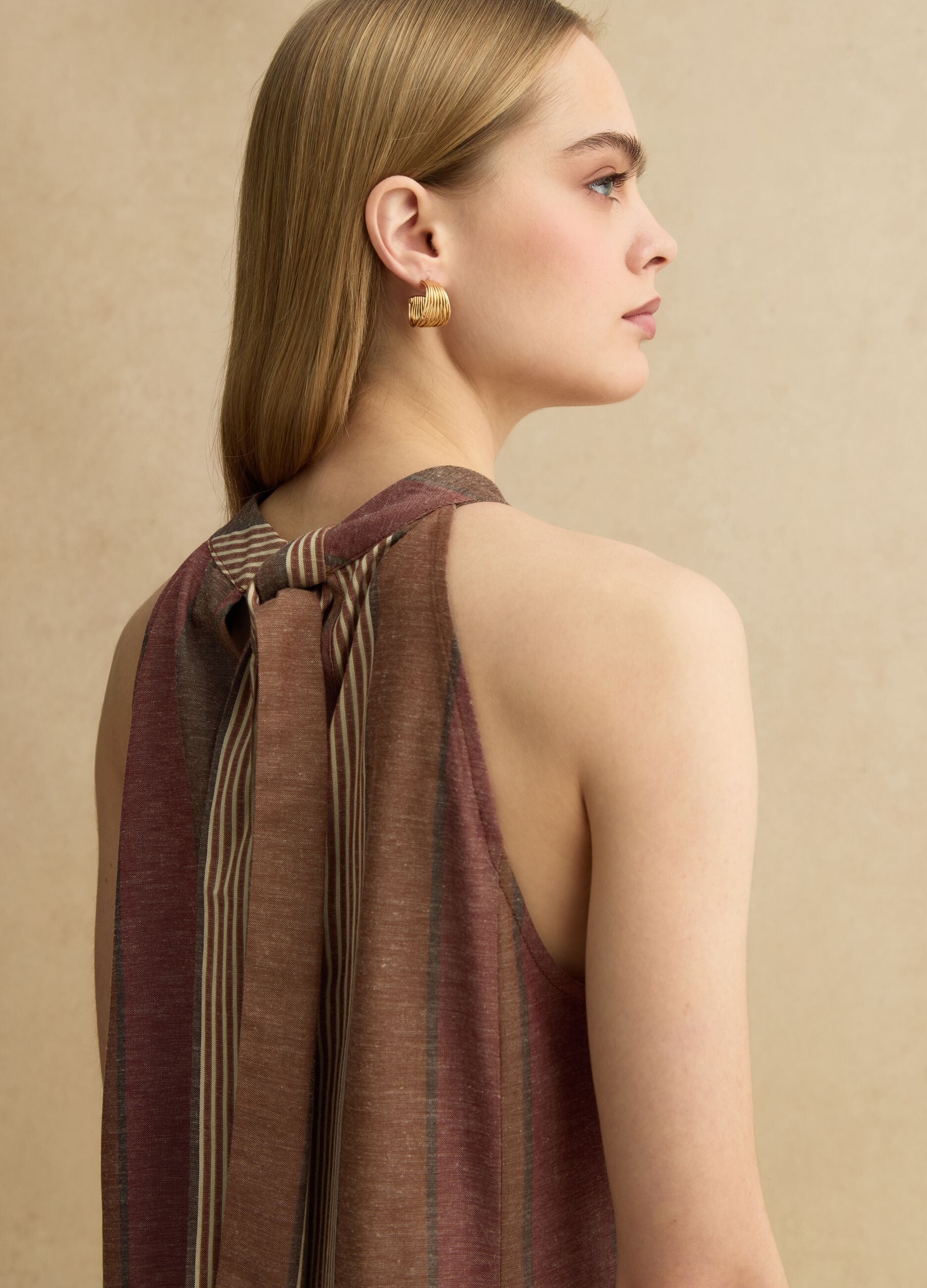 Multicoloured striped viscose and linen blend dress with relaxed fit