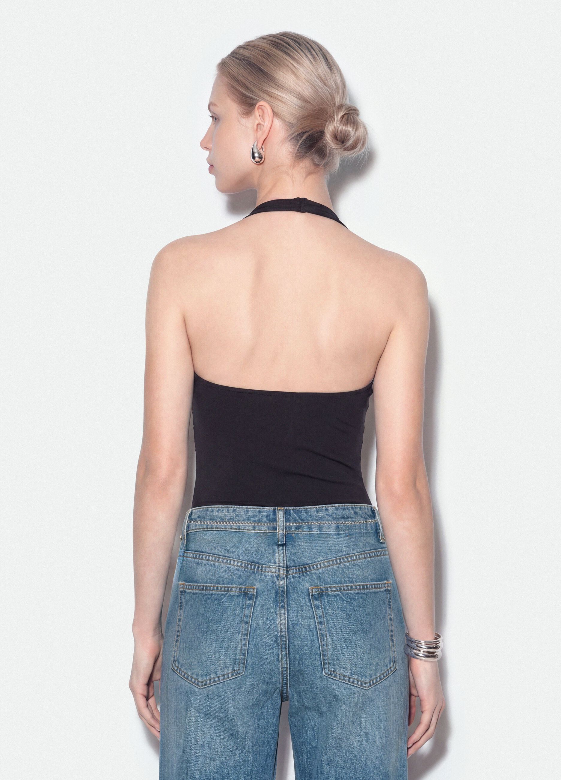 Black stretch bodysuit with rhinestones, regular fit