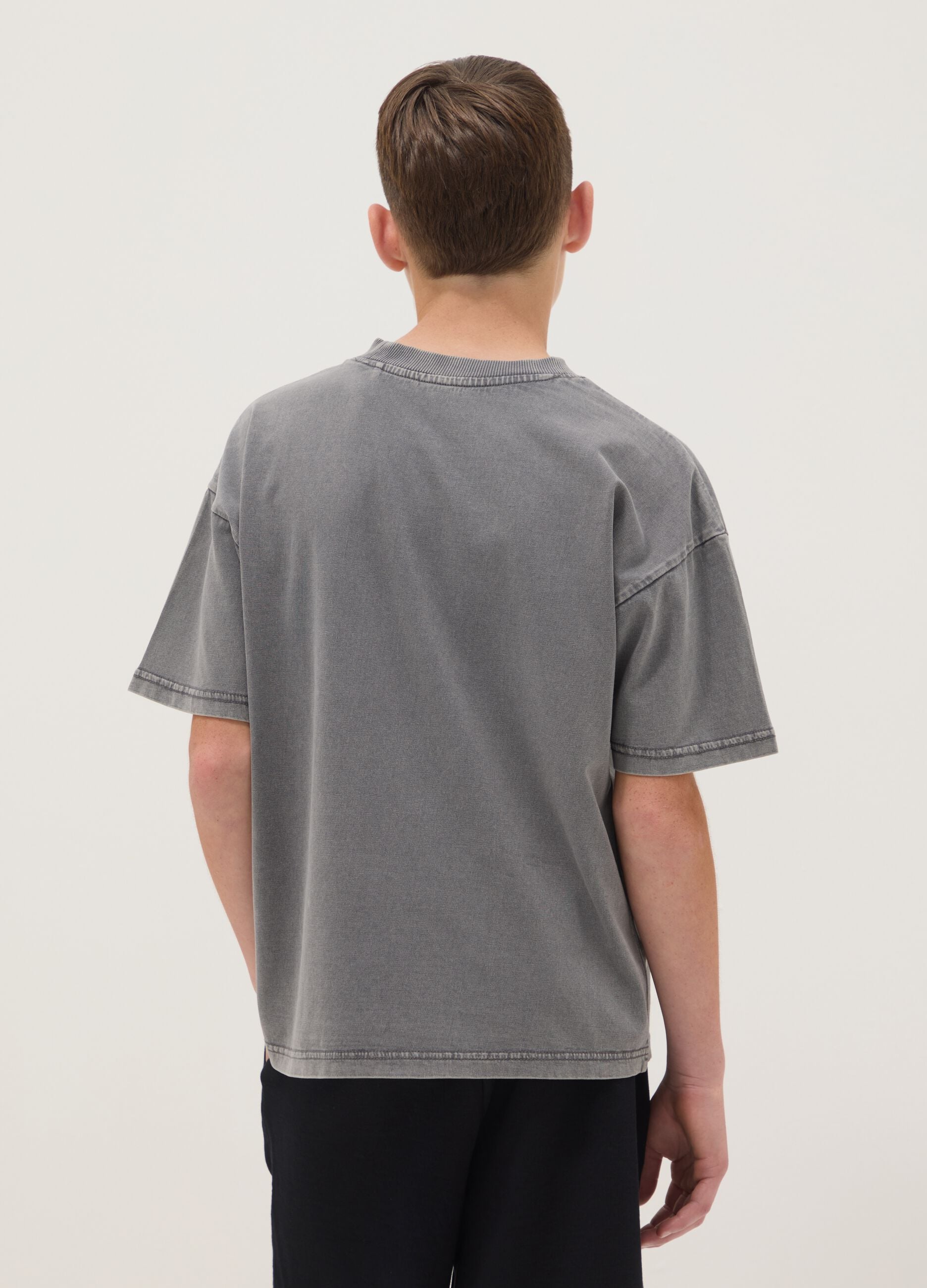 Grey pure cotton short-sleeve boys&rsquo; T-shirt, oversized fit