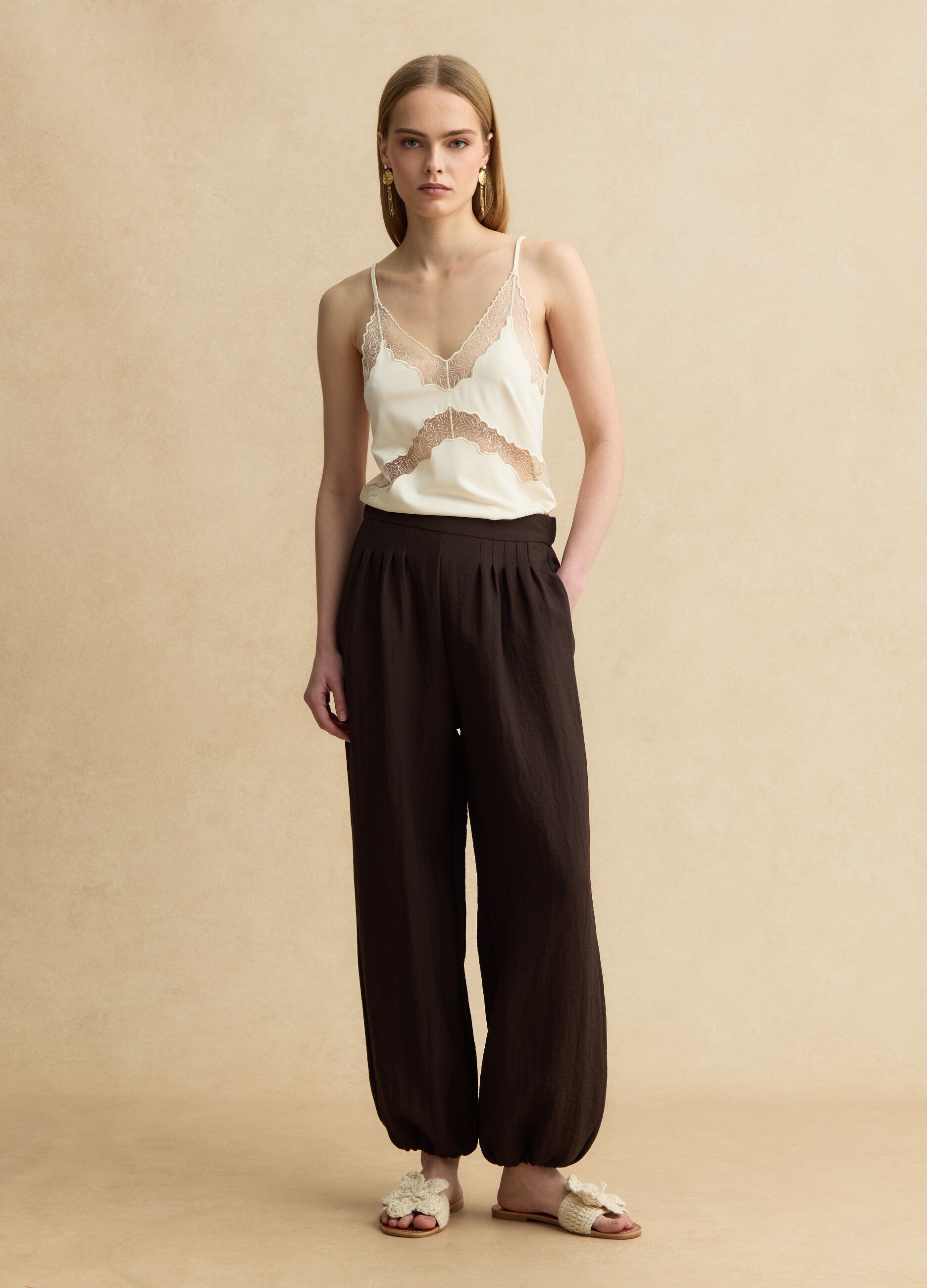 Tank top in misto viscosa beige regular fit con dettagli trasparenti