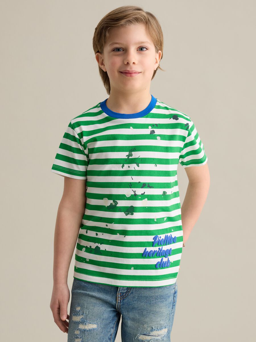 Striped cotton T-shirt with paint stains print_0