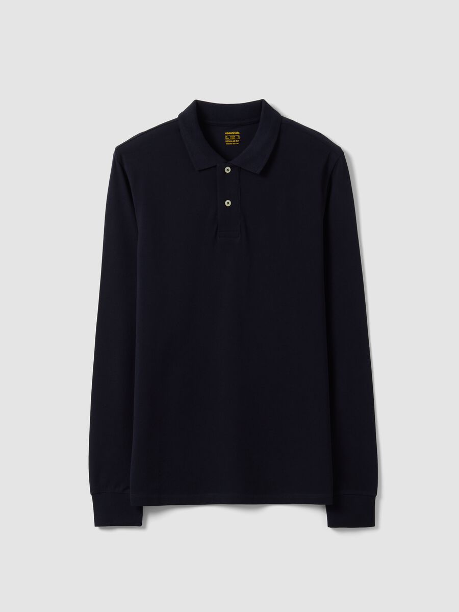 Polo blu in piquet di puro cotone organico a maniche lunghe regular fit_0