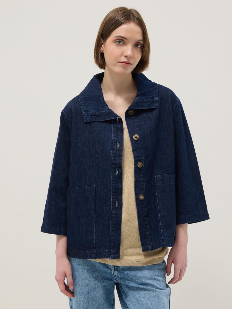Giacca in puro cotone denim blu regular fit con colletto_2